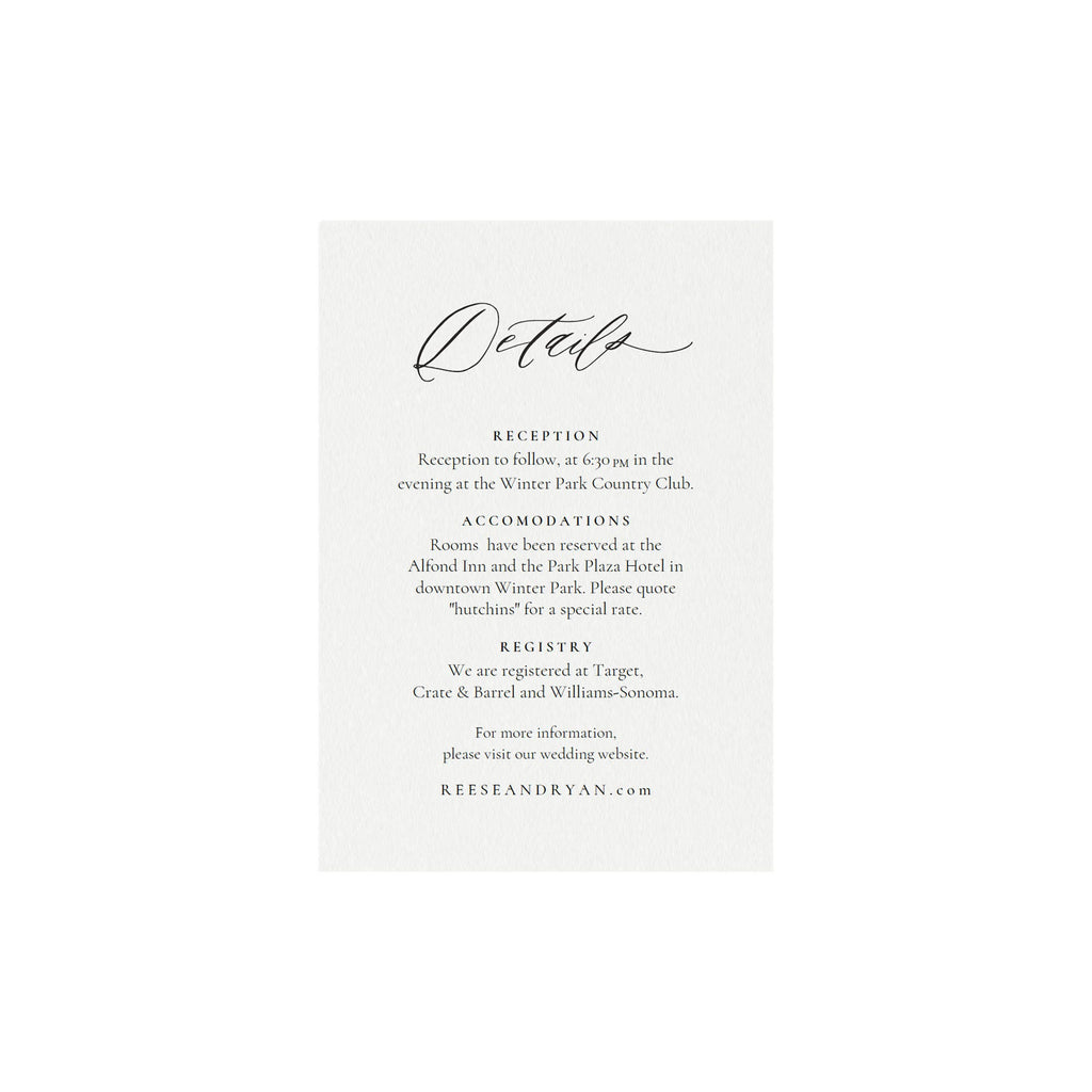 Calligraphy Wedding Details Card: Minimalist Printable Template (PDF Instant Download)