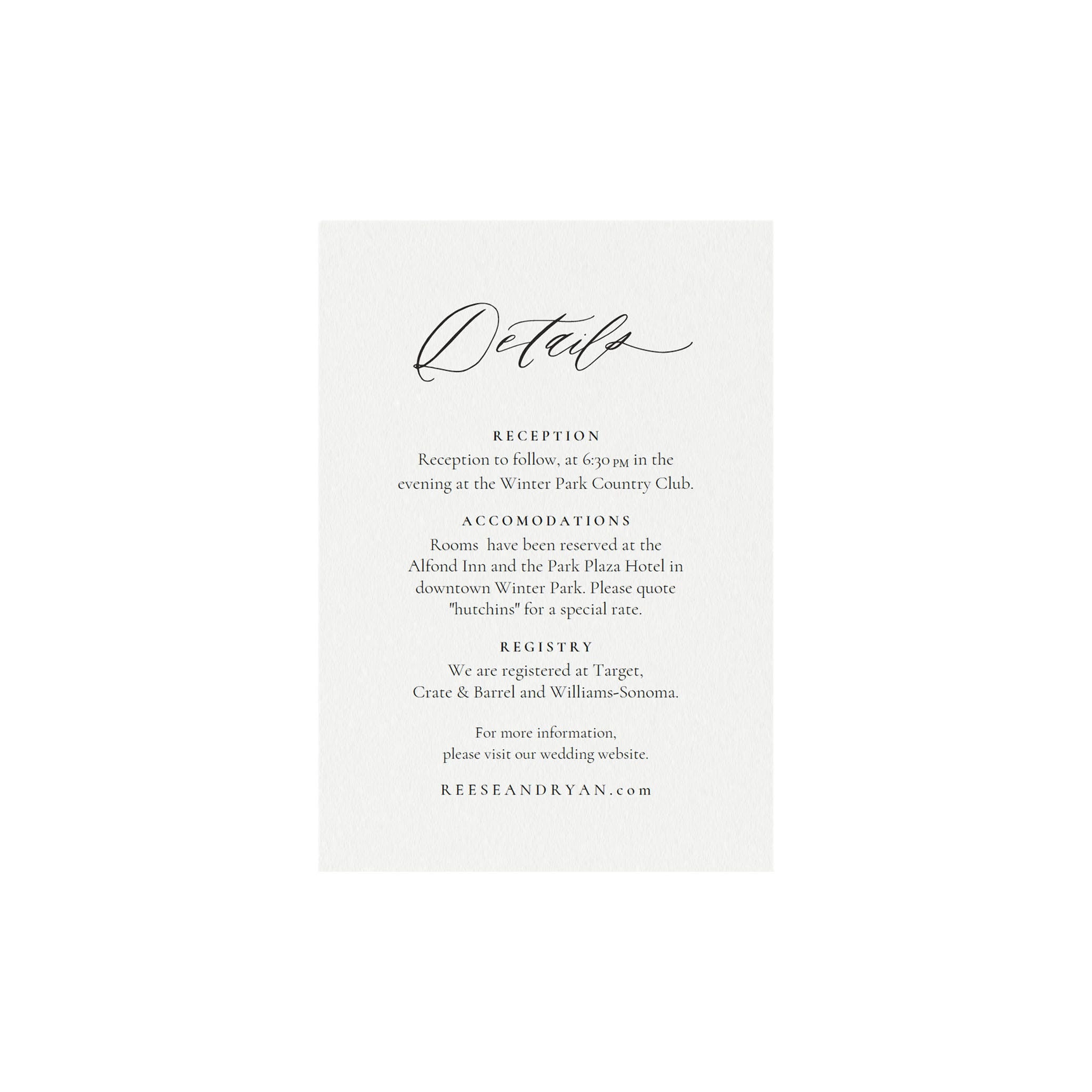 Calligraphy Wedding Details Card: Minimalist Printable Template (PDF Instant Download)