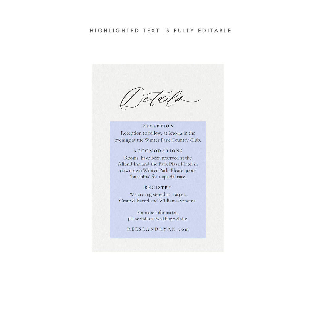 Calligraphy Wedding Details Card: Minimalist Printable Template (PDF Instant Download)