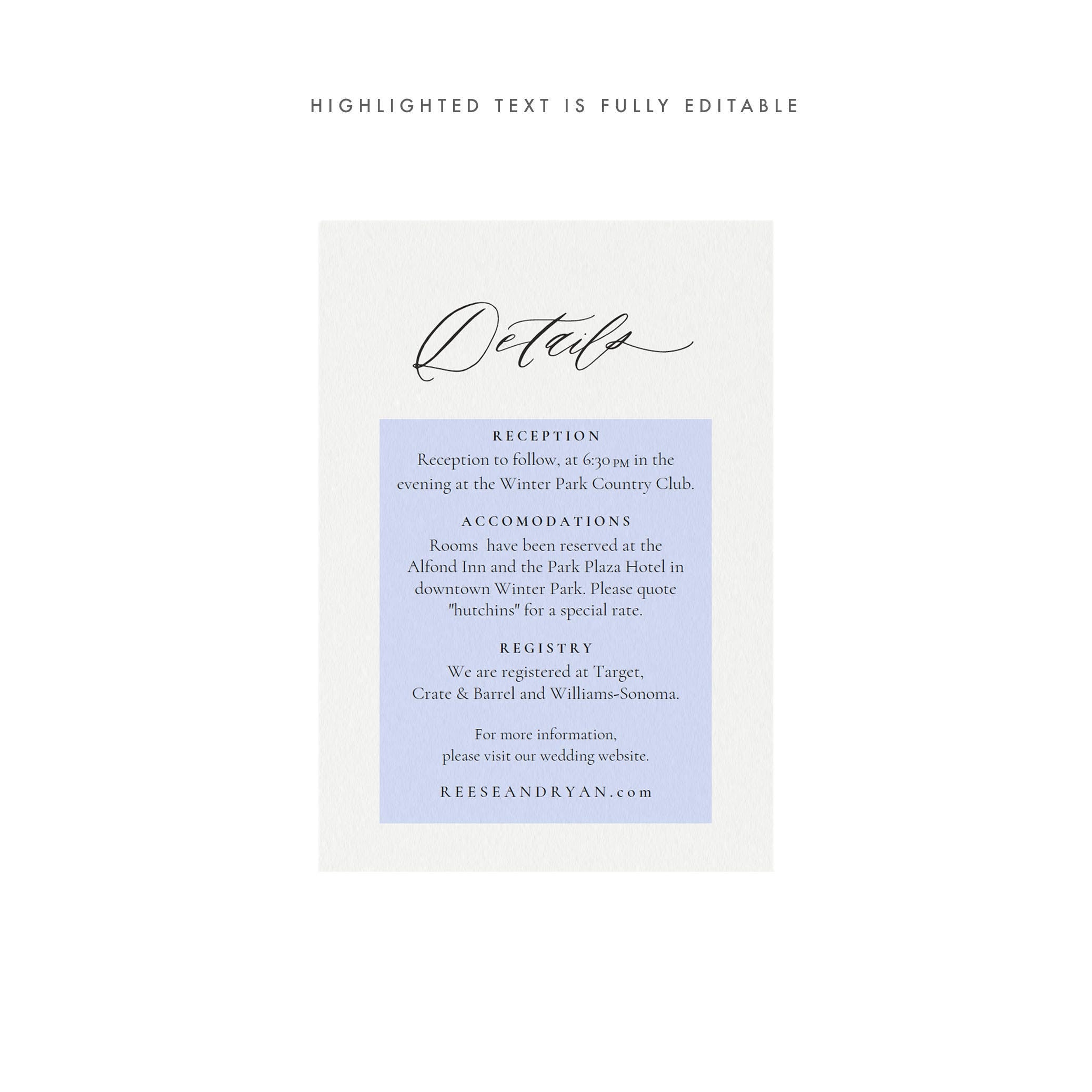 Calligraphy Wedding Details Card: Minimalist Printable Template (PDF Instant Download)