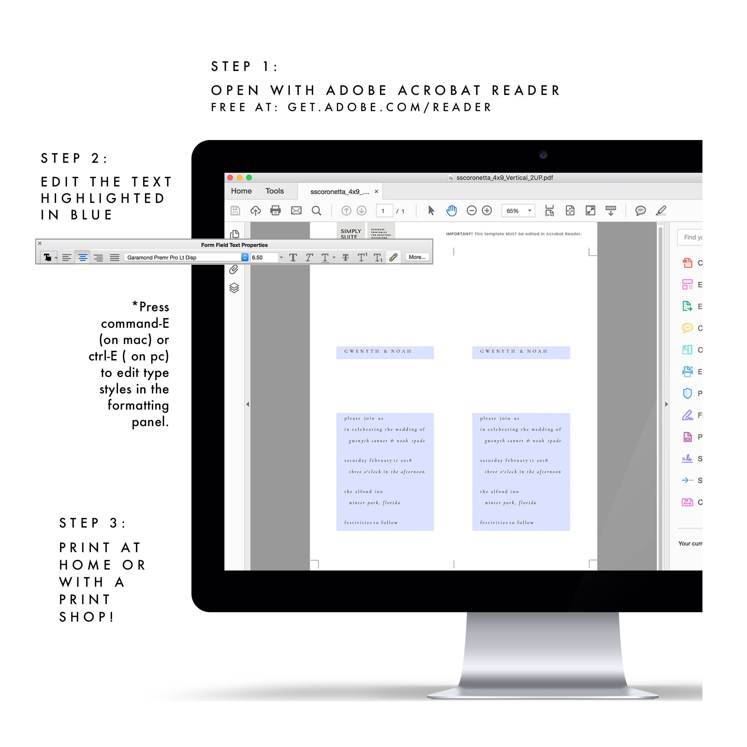 Minimalist Wedding Invitation Template: Gwen, 4x9 (Editable PDF)