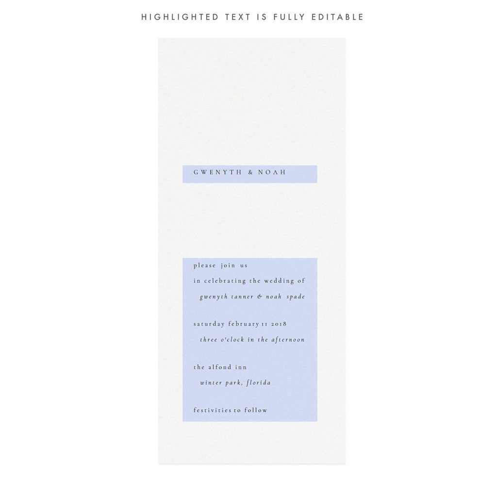 Minimalist Wedding Invitation Template: Gwen, 4x9 (Editable PDF)