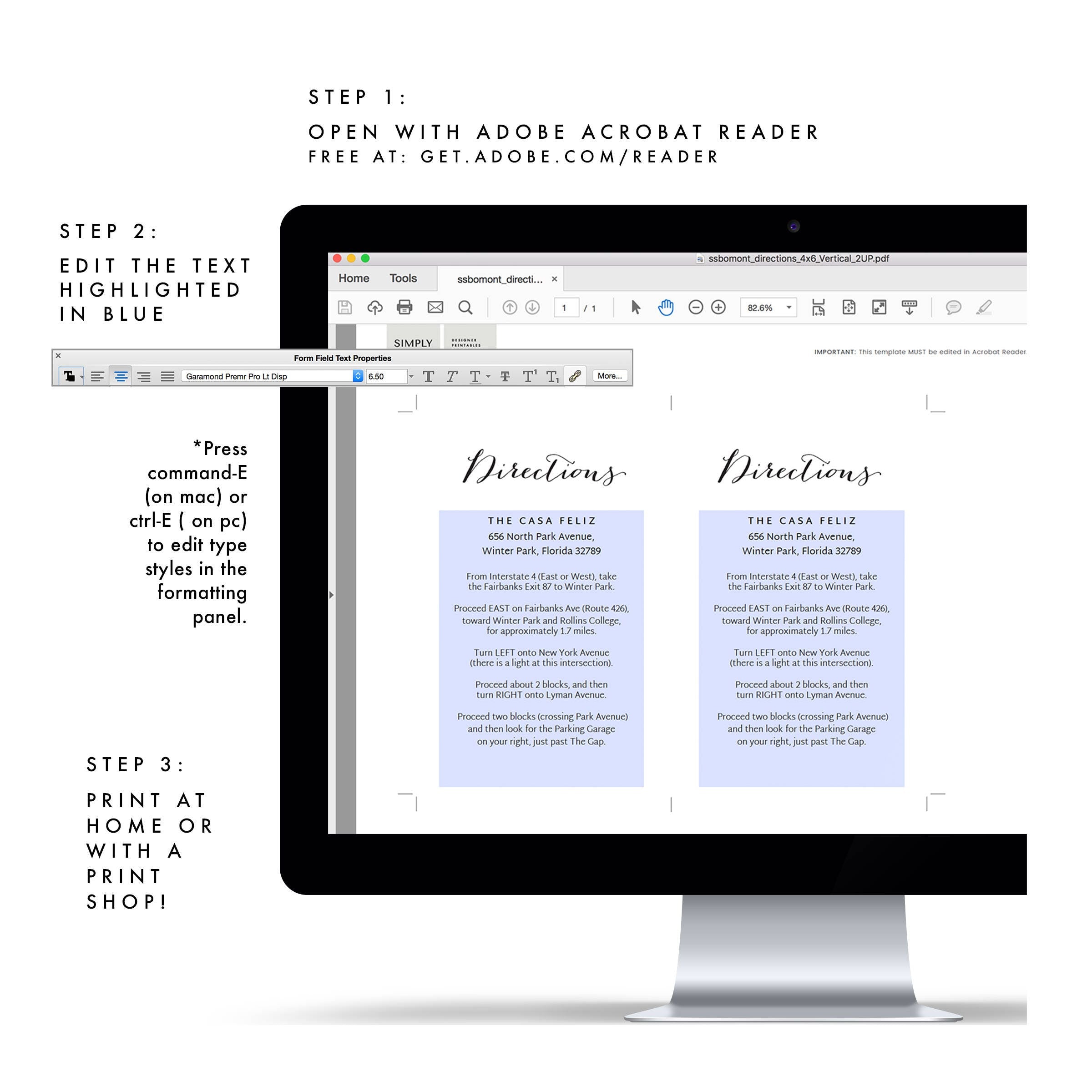 Calligraphy Wedding Directions Card Template: Bomont Printable (PDF)