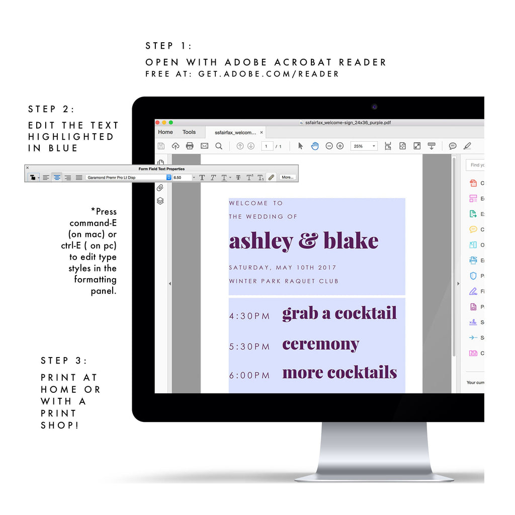 Fairfax Wedding Welcome Sign: Purple Order of Events (PDF Download)