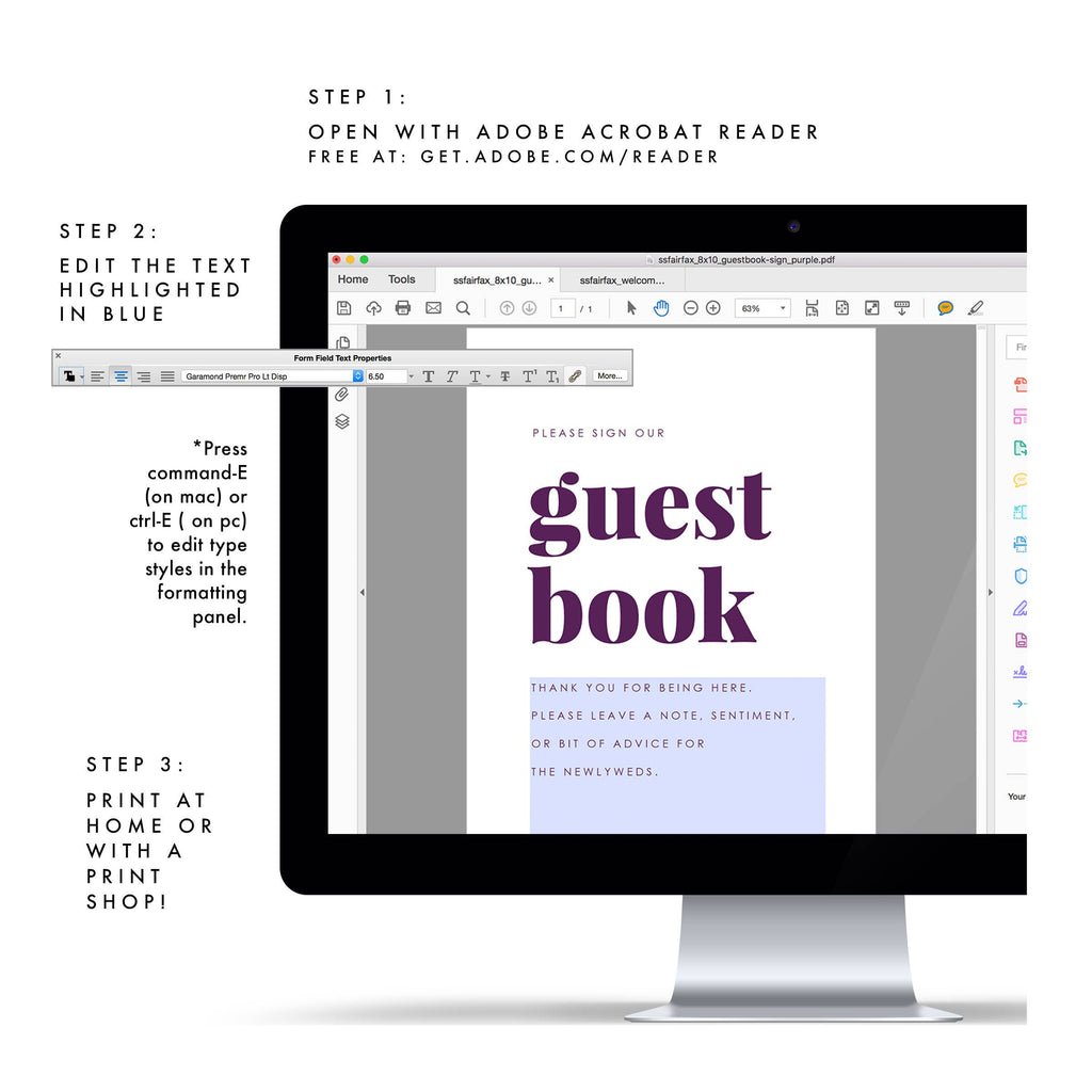Fairfax Purple Guest Book Sign: Modern Minimalist Wedding (PDF Template)