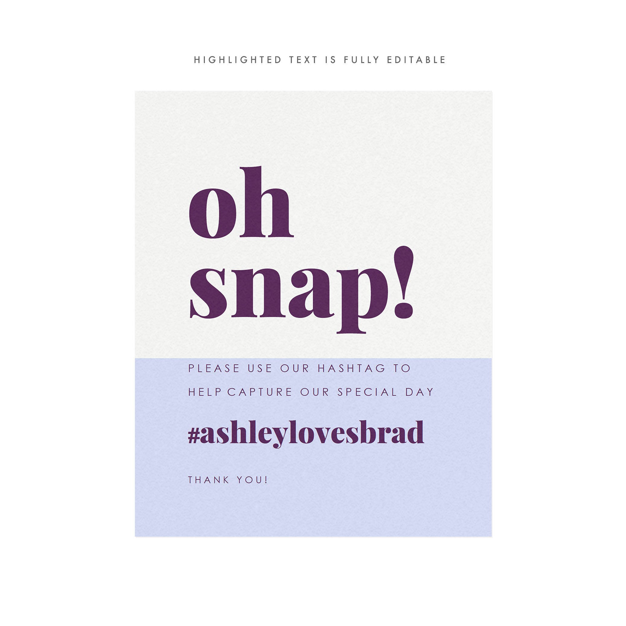 Modern Wedding Social Media Sign: Purple Oh Snap, Fairfax Template (PDF Download)