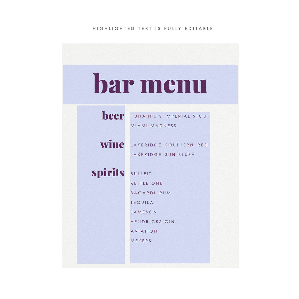 Fairfax Purple Bar Menu Sign: Modern Wedding Printable (PDF Download)
