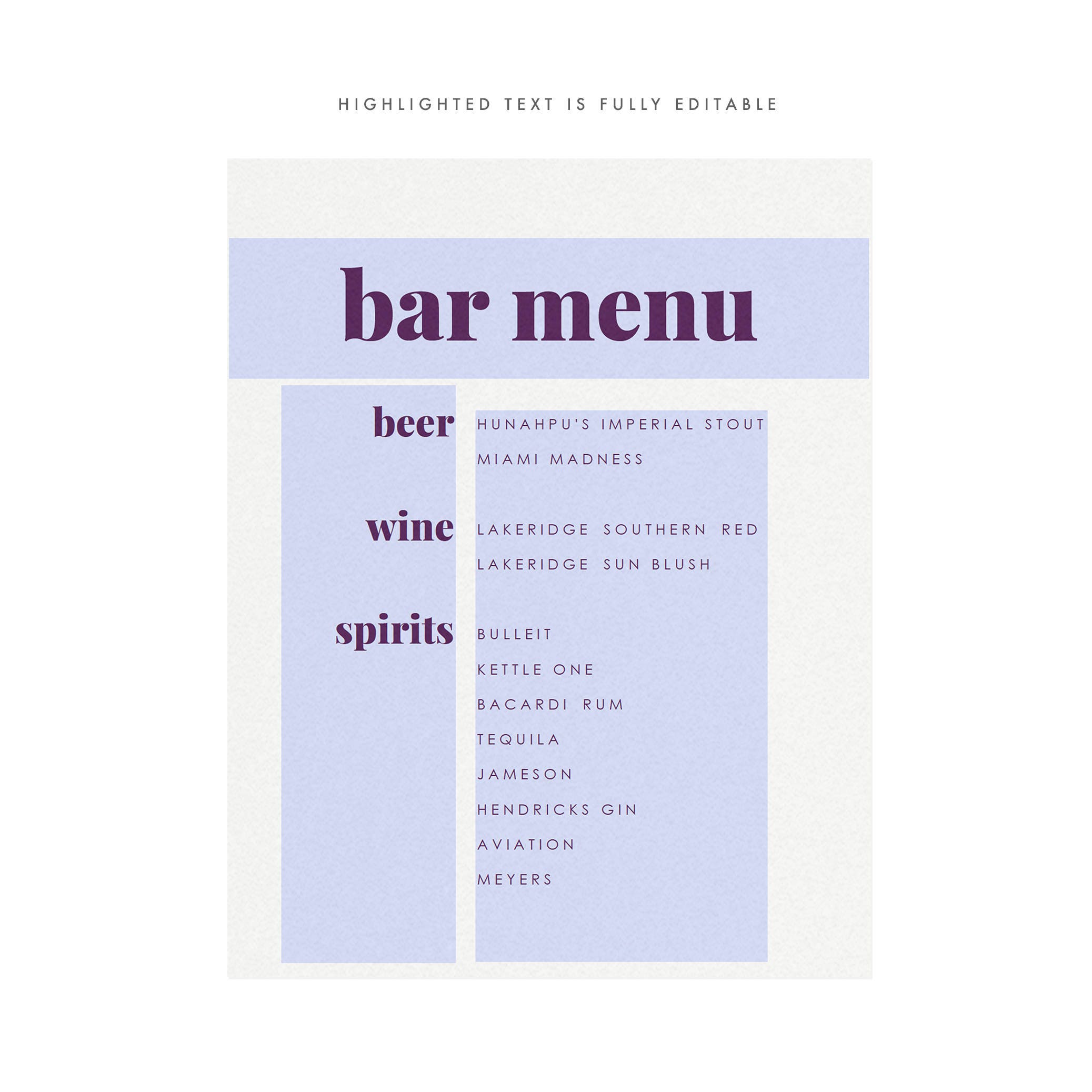 Fairfax Purple Bar Menu Sign: Modern Wedding Printable (PDF Download)