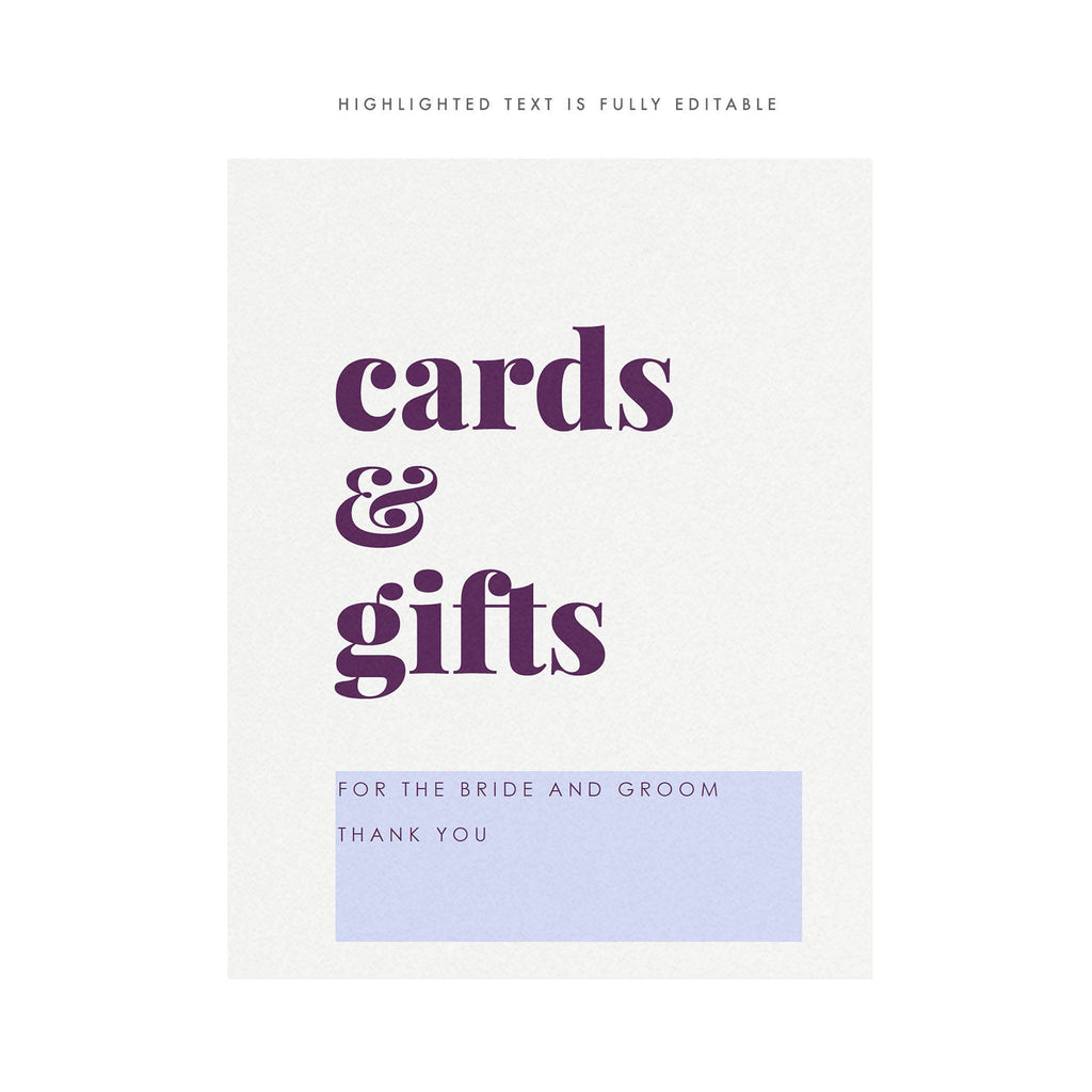 Purple Cards and Gifts Wedding Sign: Modern Minimalist Decor (PDF Download)
