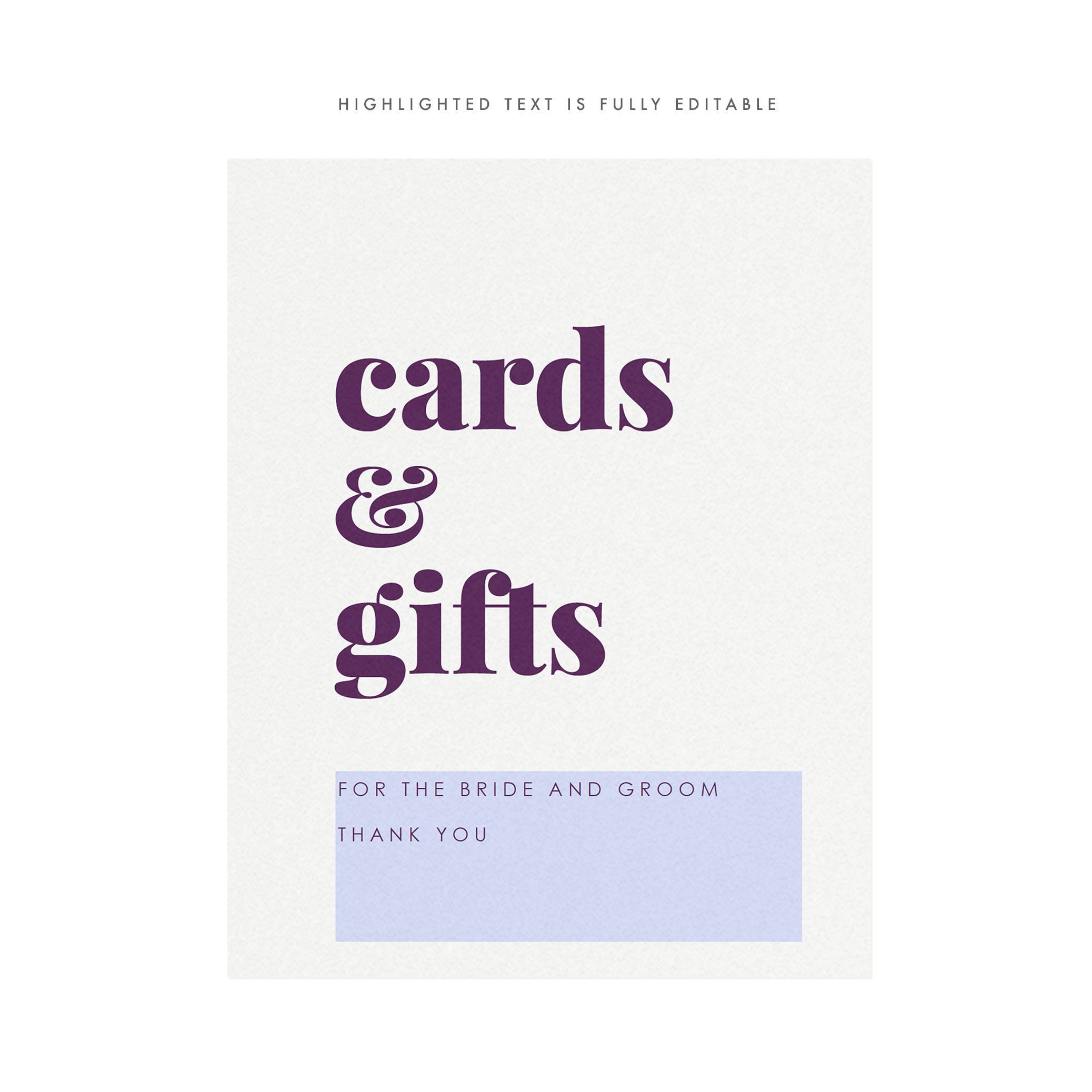 Purple Cards and Gifts Wedding Sign: Modern Minimalist Decor (PDF Download)