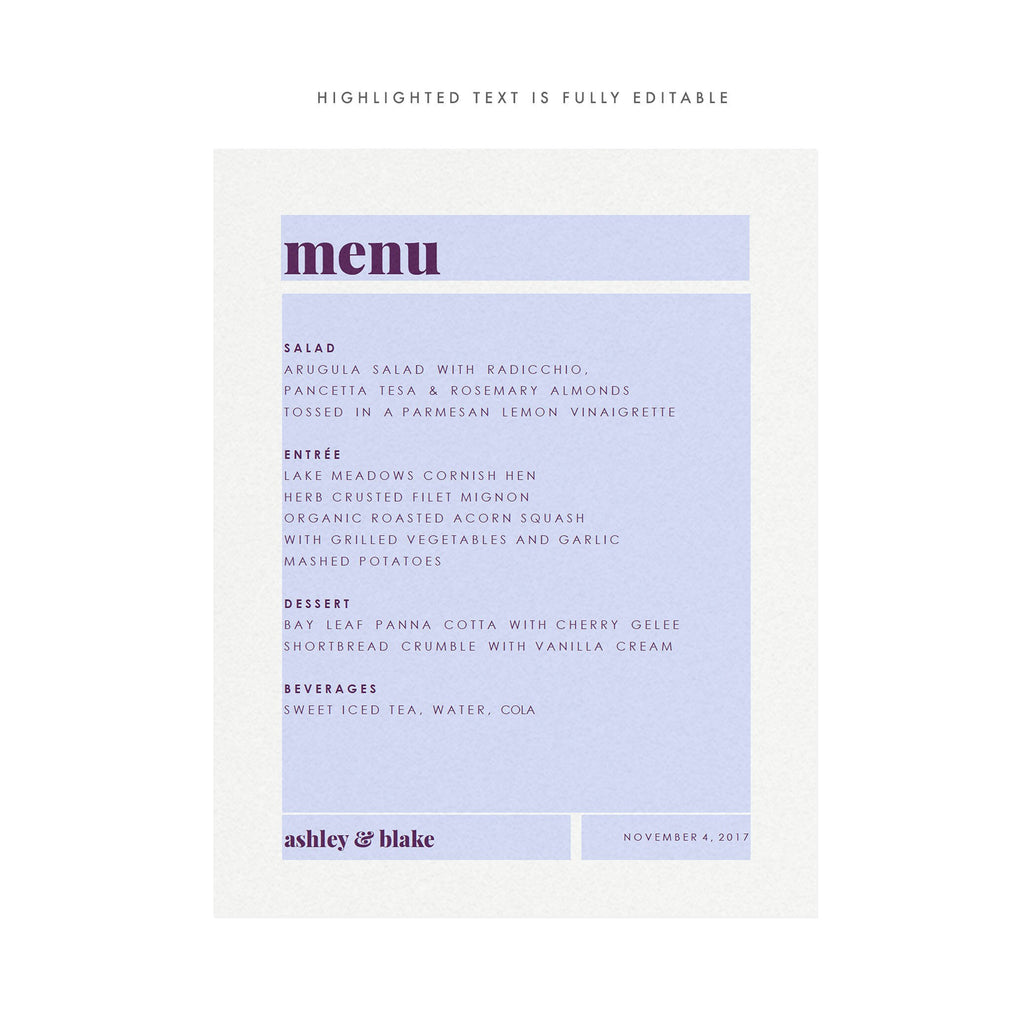 Purple Wedding Menu Template: Modern Printable, Fairfax (PDF Download)