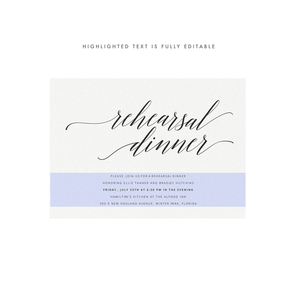 Elegant Calligraphy Rehearsal Dinner Invitation Template (PDF)