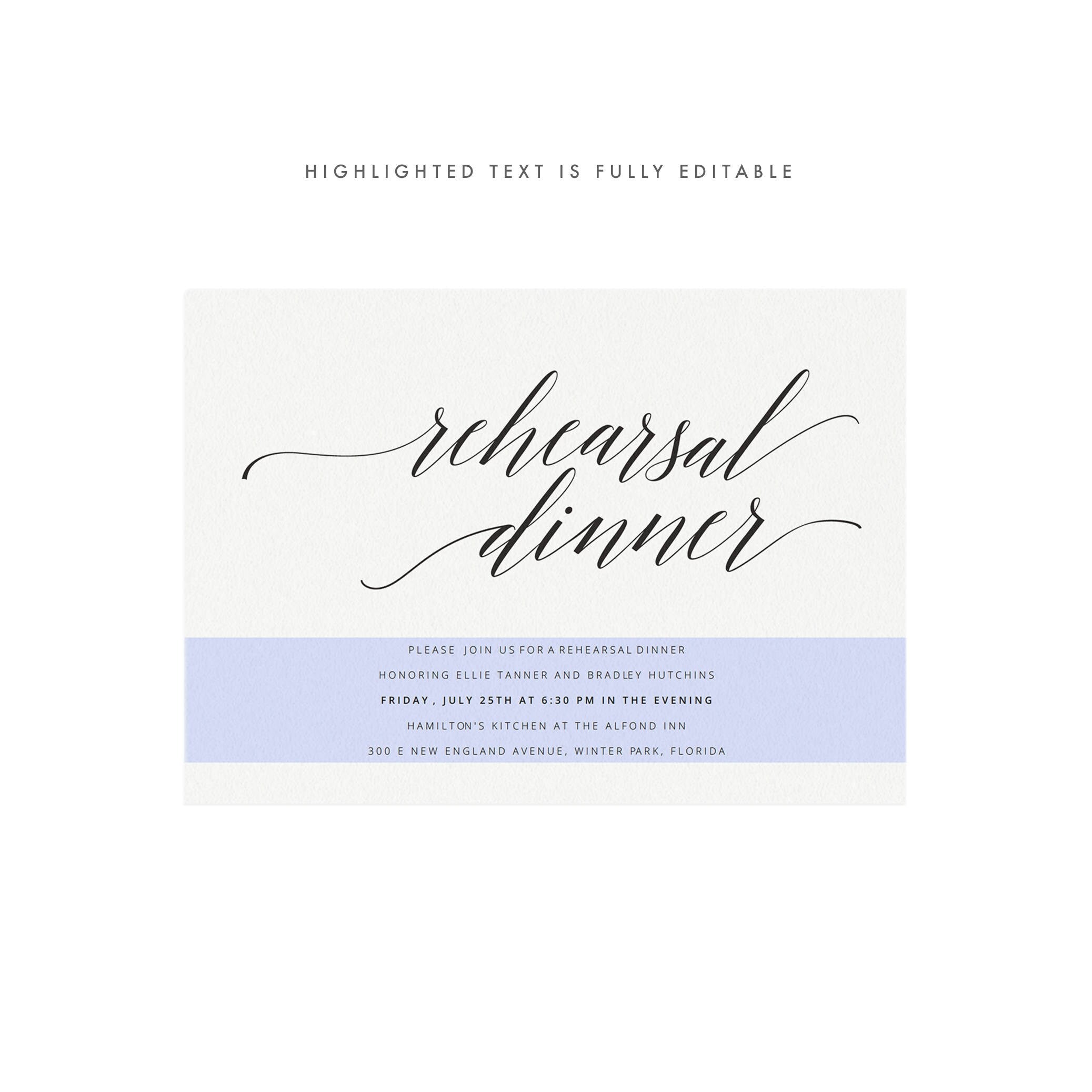 Elegant Calligraphy Rehearsal Dinner Invitation Template (PDF)