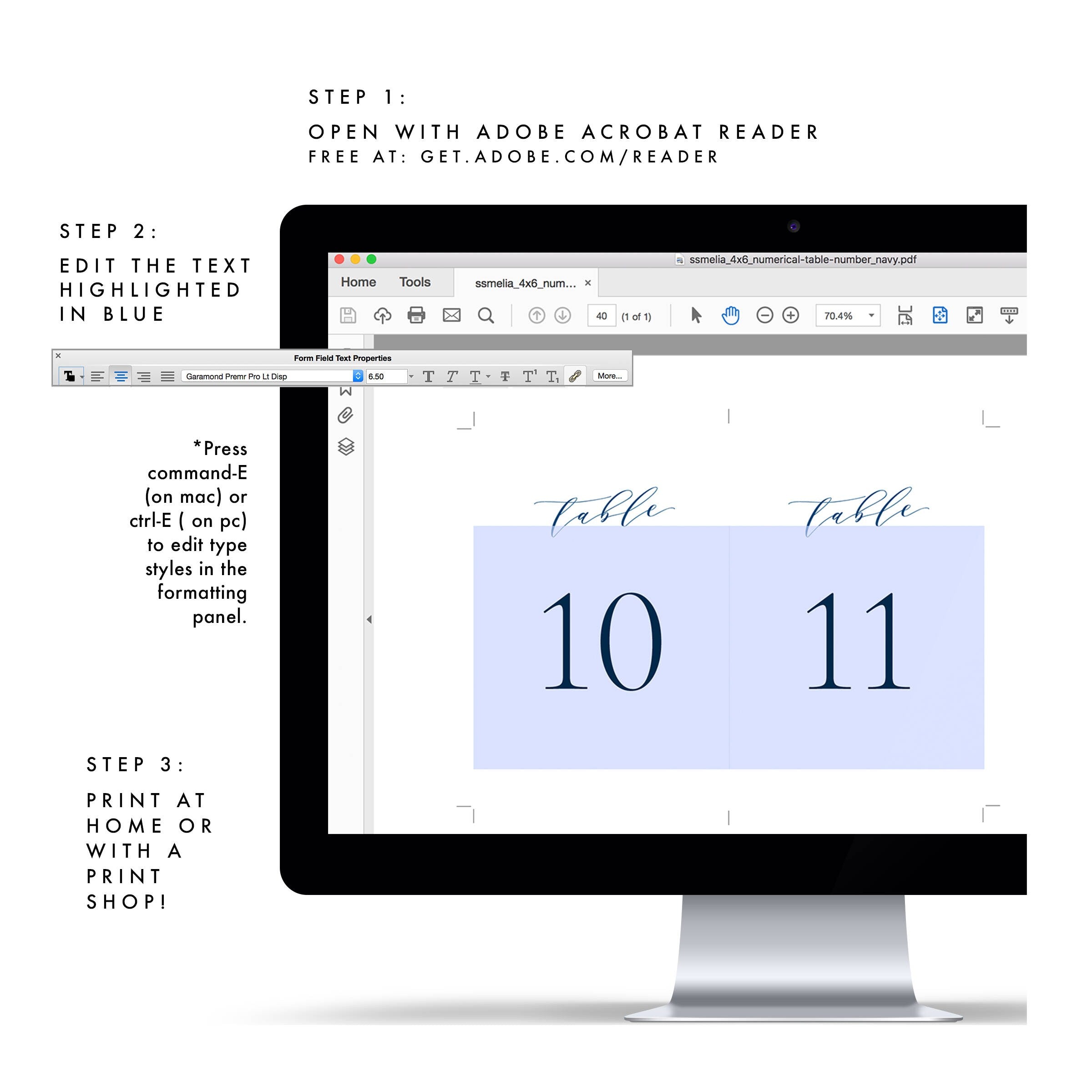 Navy Calligraphy Table Numbers 4x6 Template (PDF Download)