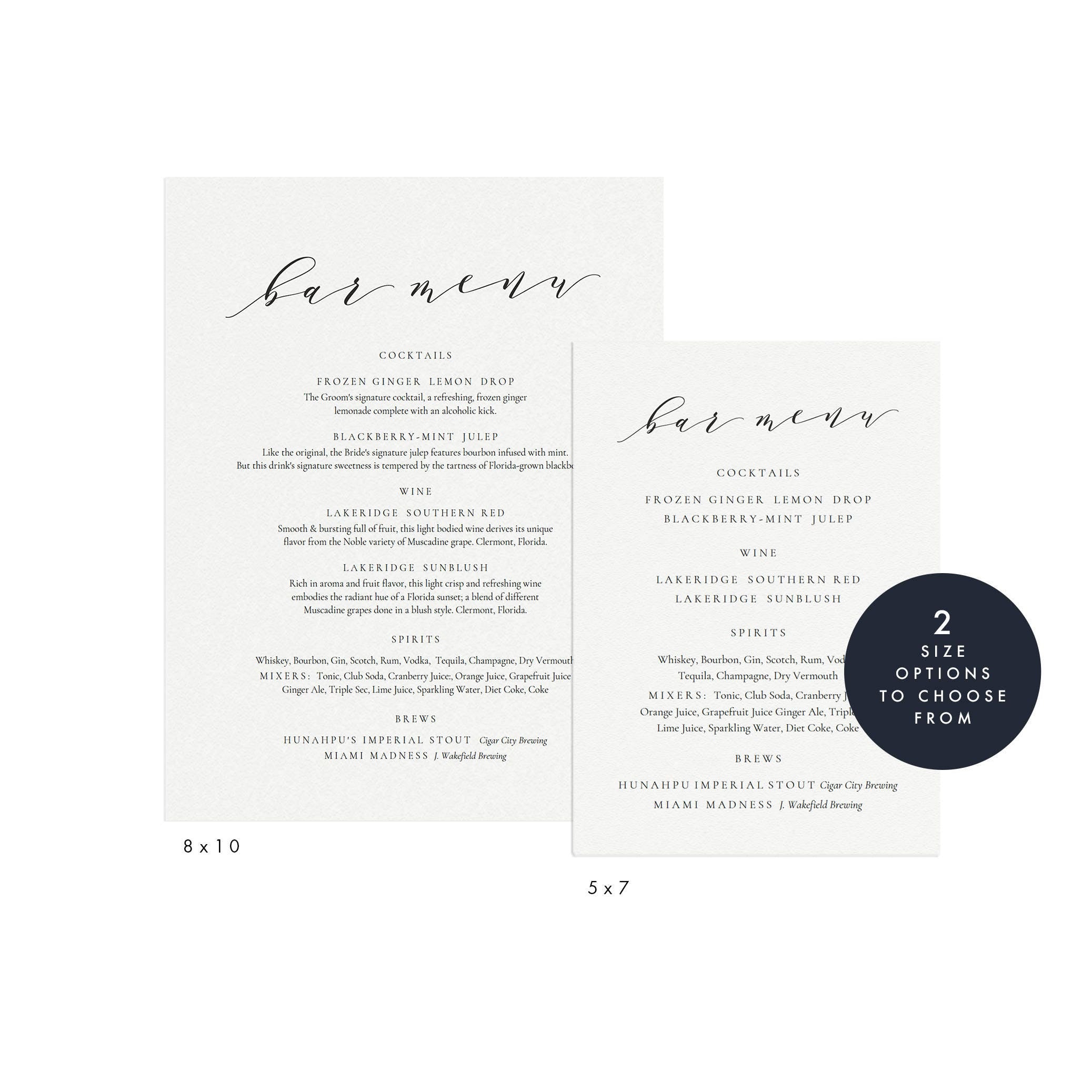 Calligraphy Bar Menu Sign Template: Wedding Reception Cocktails (PDF Download)
