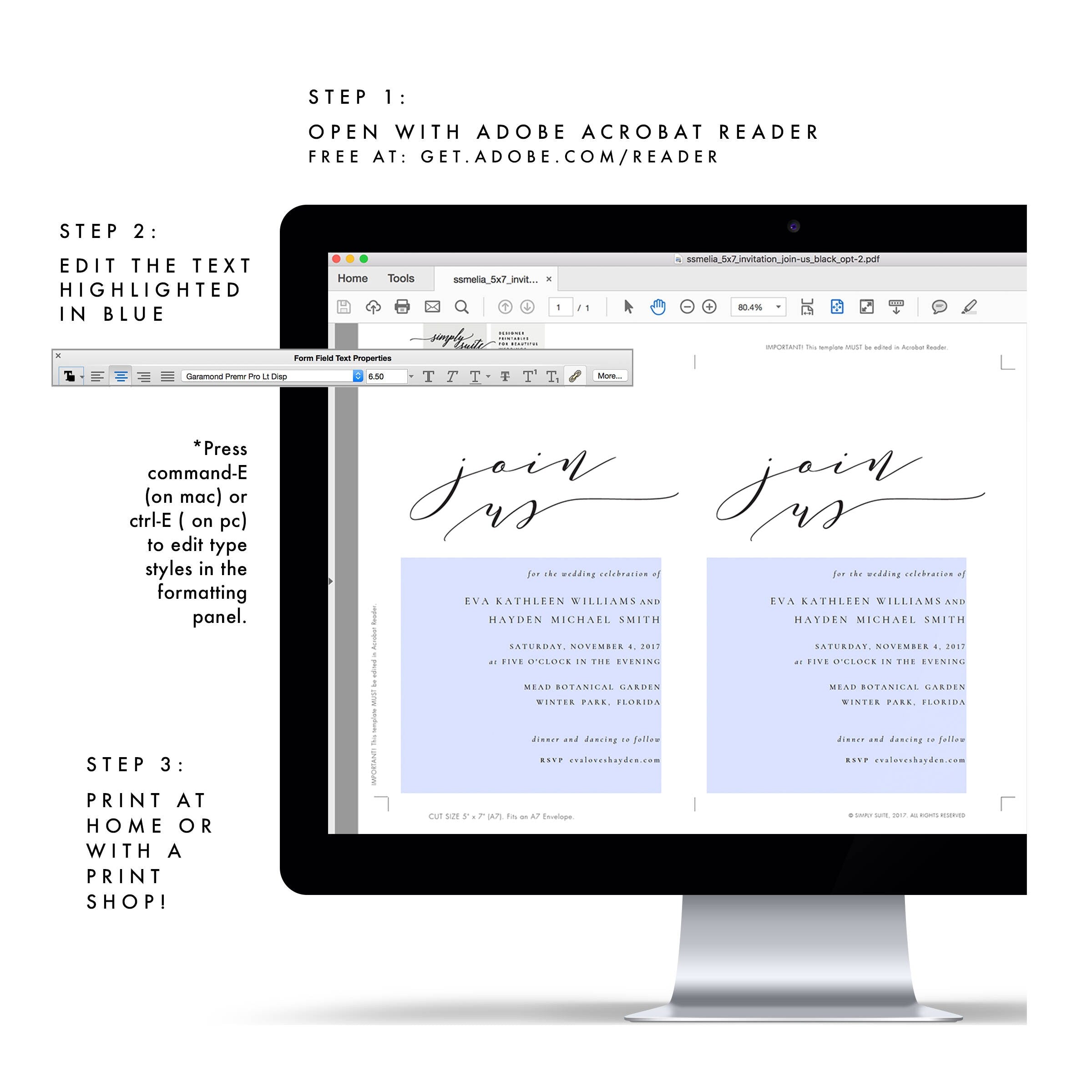 Calligraphy Wedding Invitation: Black, 5x7 Editable Template (PDF)