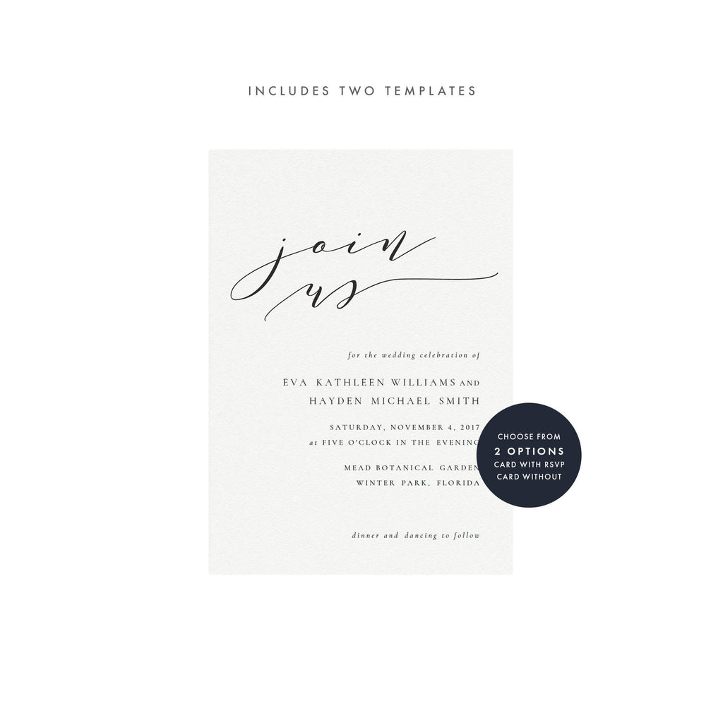 Calligraphy Wedding Invitation: Black, 5x7 Editable Template (PDF)