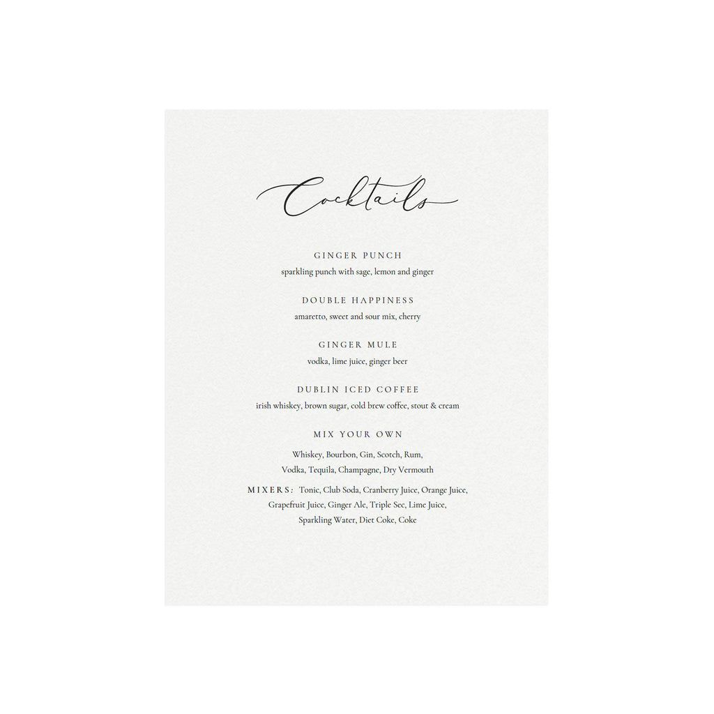 Calligraphy Cocktails Menu Sign: Wedding Bar Printable (PDF Download)