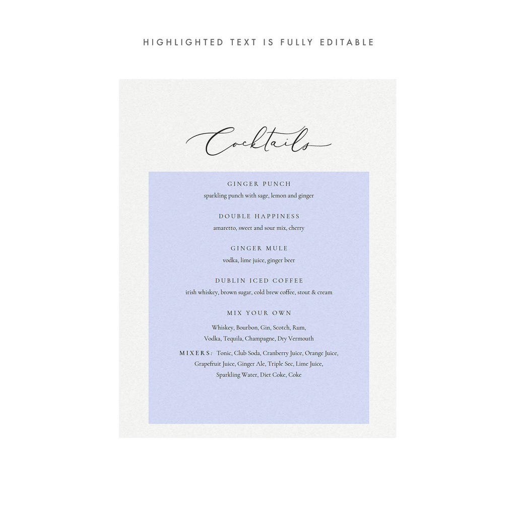 Calligraphy Cocktails Menu Sign: Wedding Bar Printable (PDF Download)