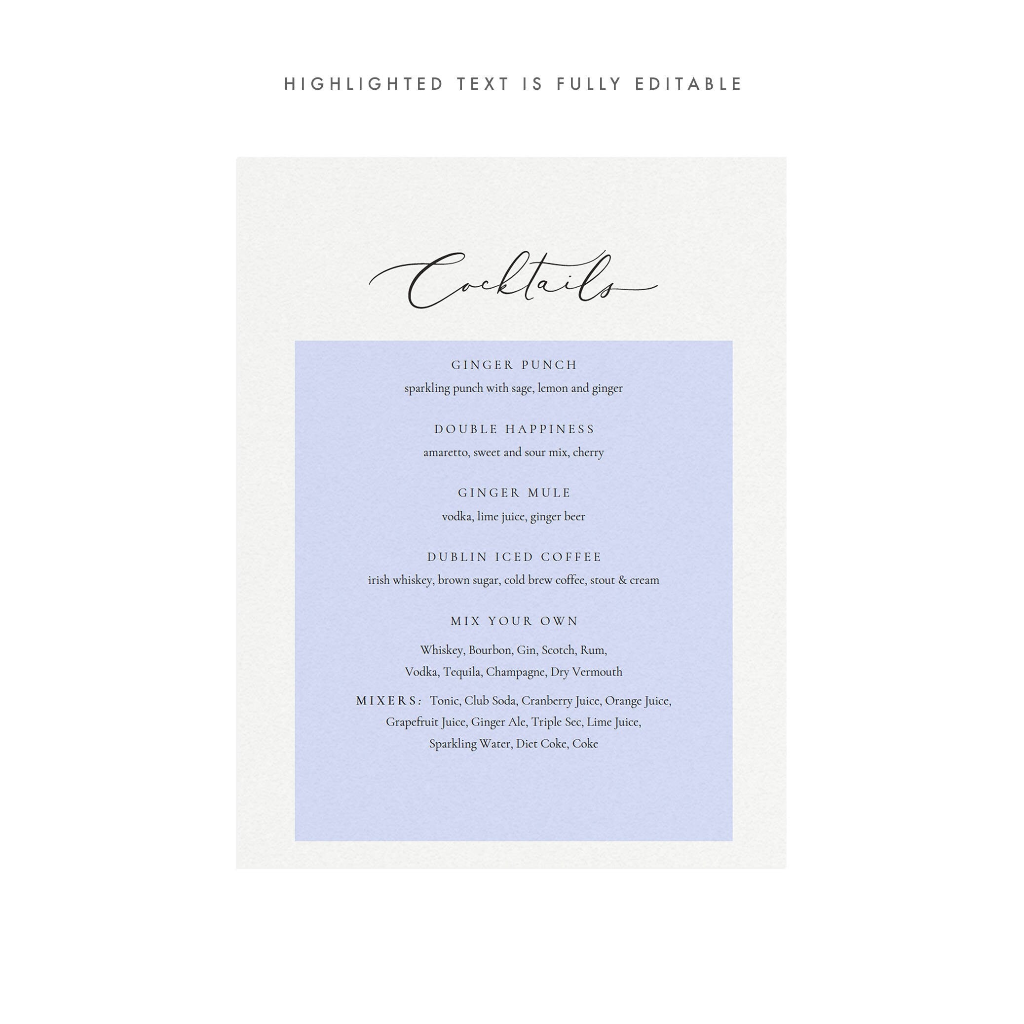 Calligraphy Cocktails Menu Sign: Wedding Bar Printable (PDF Download)