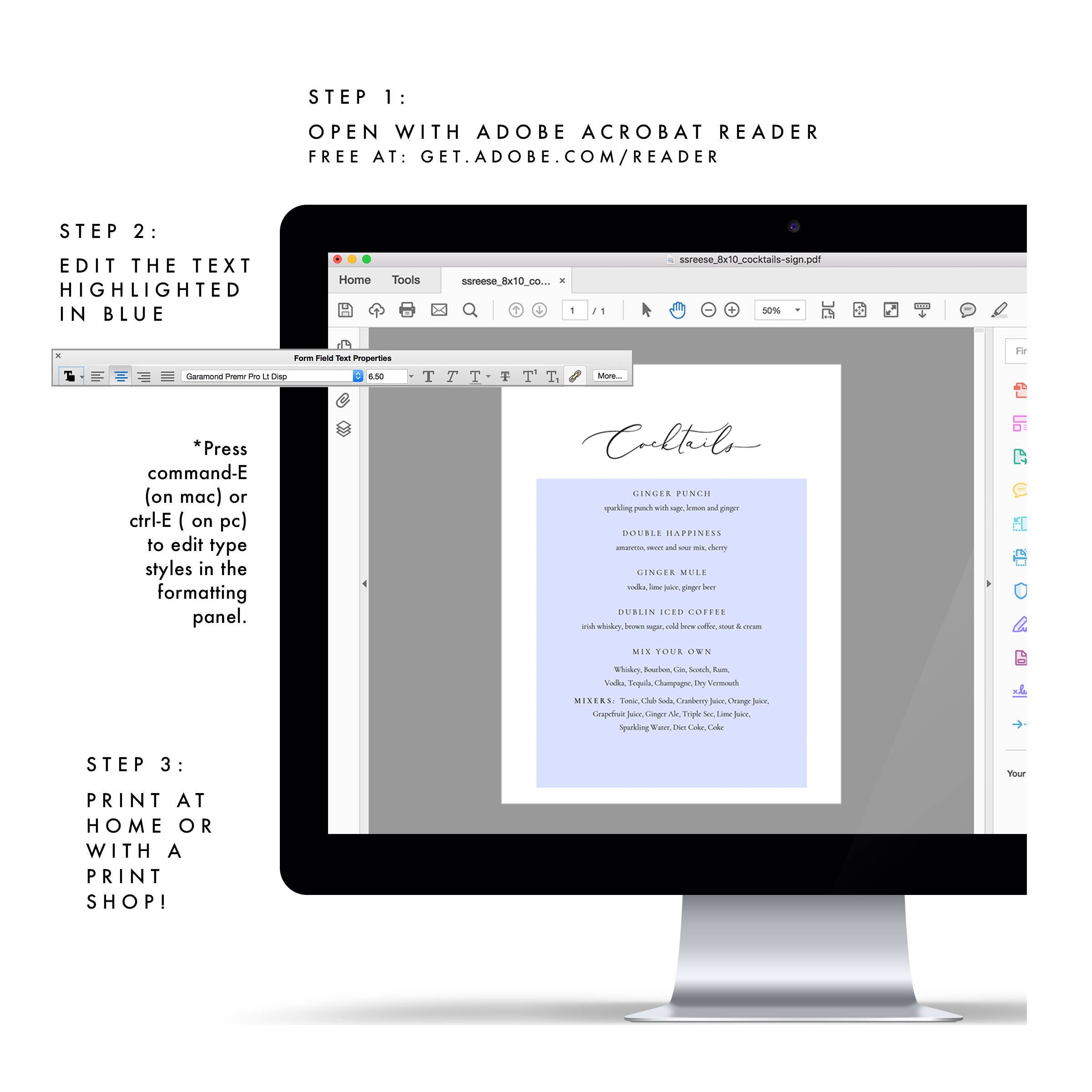 Calligraphy Cocktails Menu Sign: Wedding Bar Printable (PDF Download)