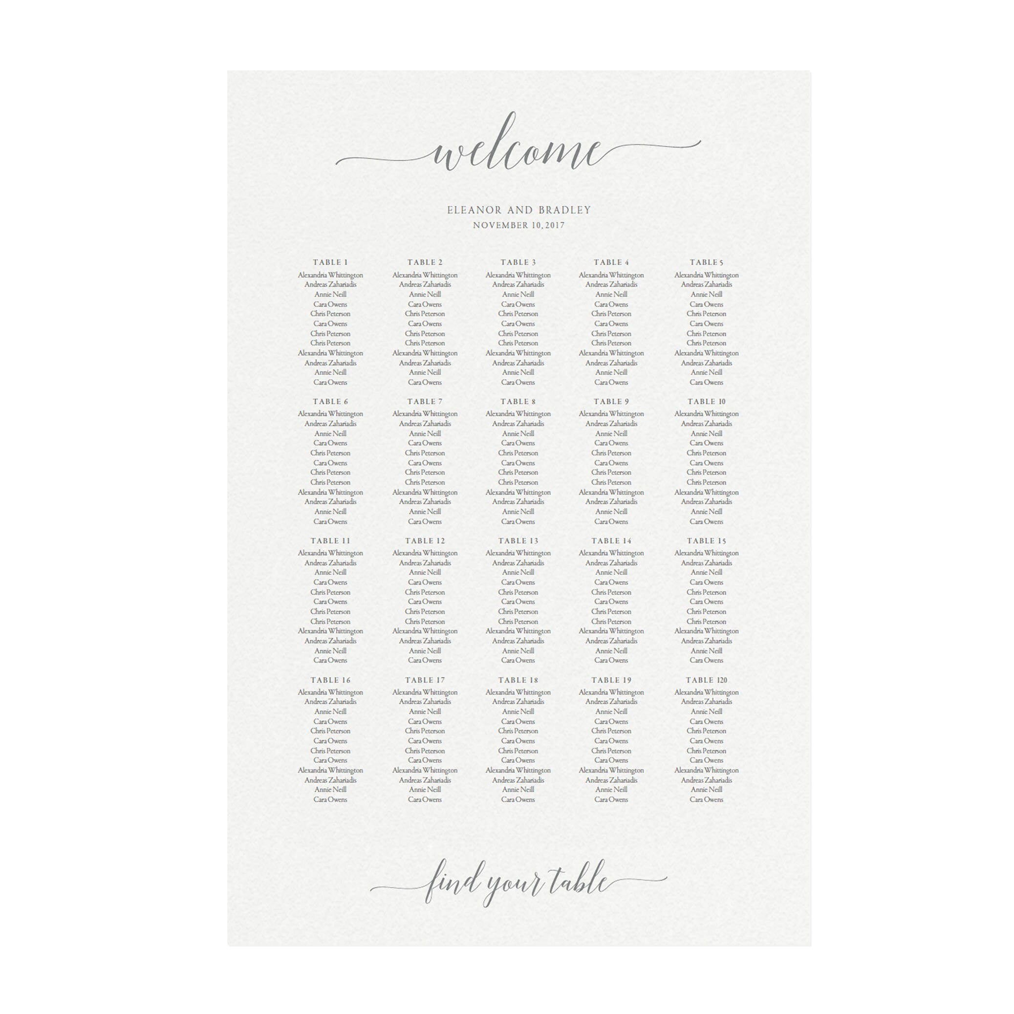 Gray Calligraphy Wedding Seating Chart Template (PDF Instant Download)