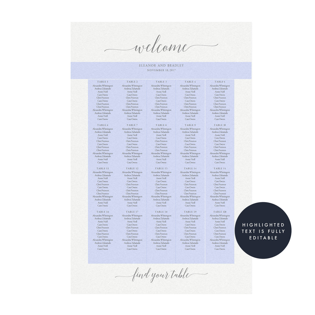Gray Calligraphy Wedding Seating Chart Template (PDF Instant Download)