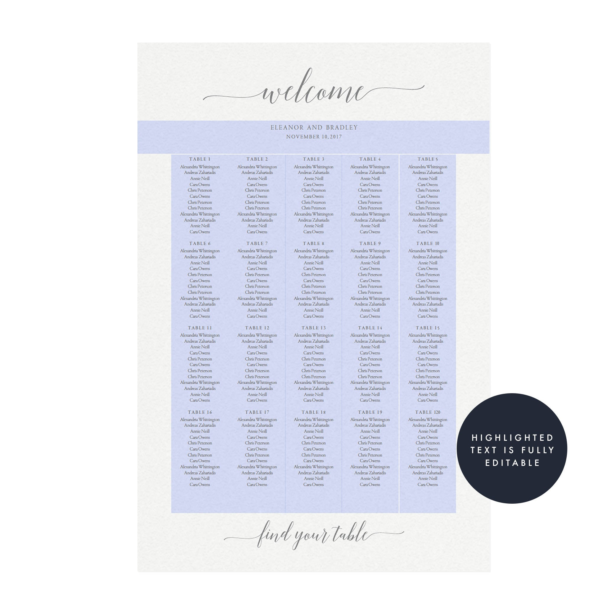 Gray Calligraphy Wedding Seating Chart Template (PDF Instant Download)