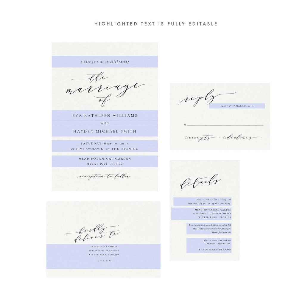 Black Calligraphy Wedding Invitation Set: 'Melia' Editable Template (PDF)