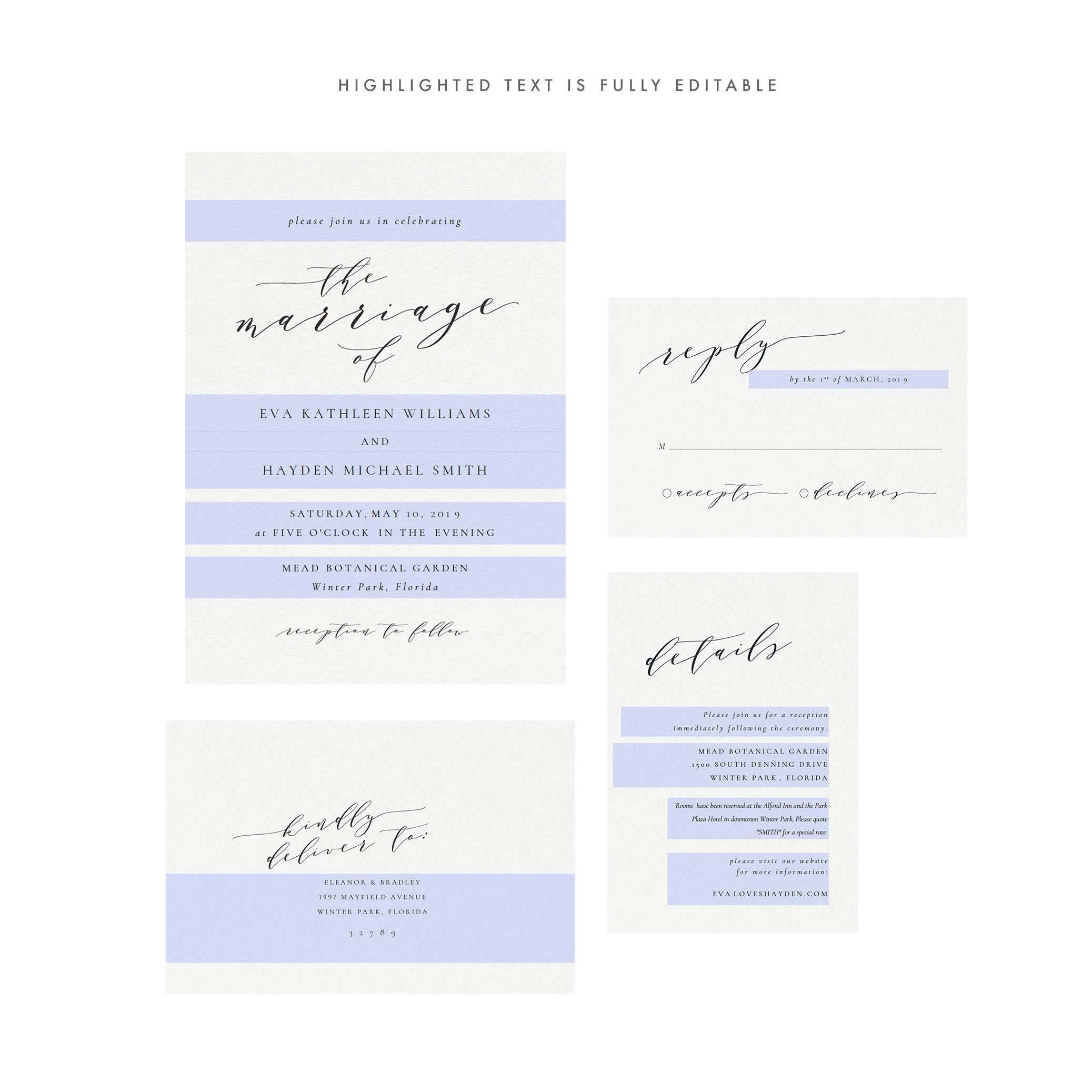 Black Calligraphy Wedding Invitation Set: 'Melia' Editable Template (PDF)