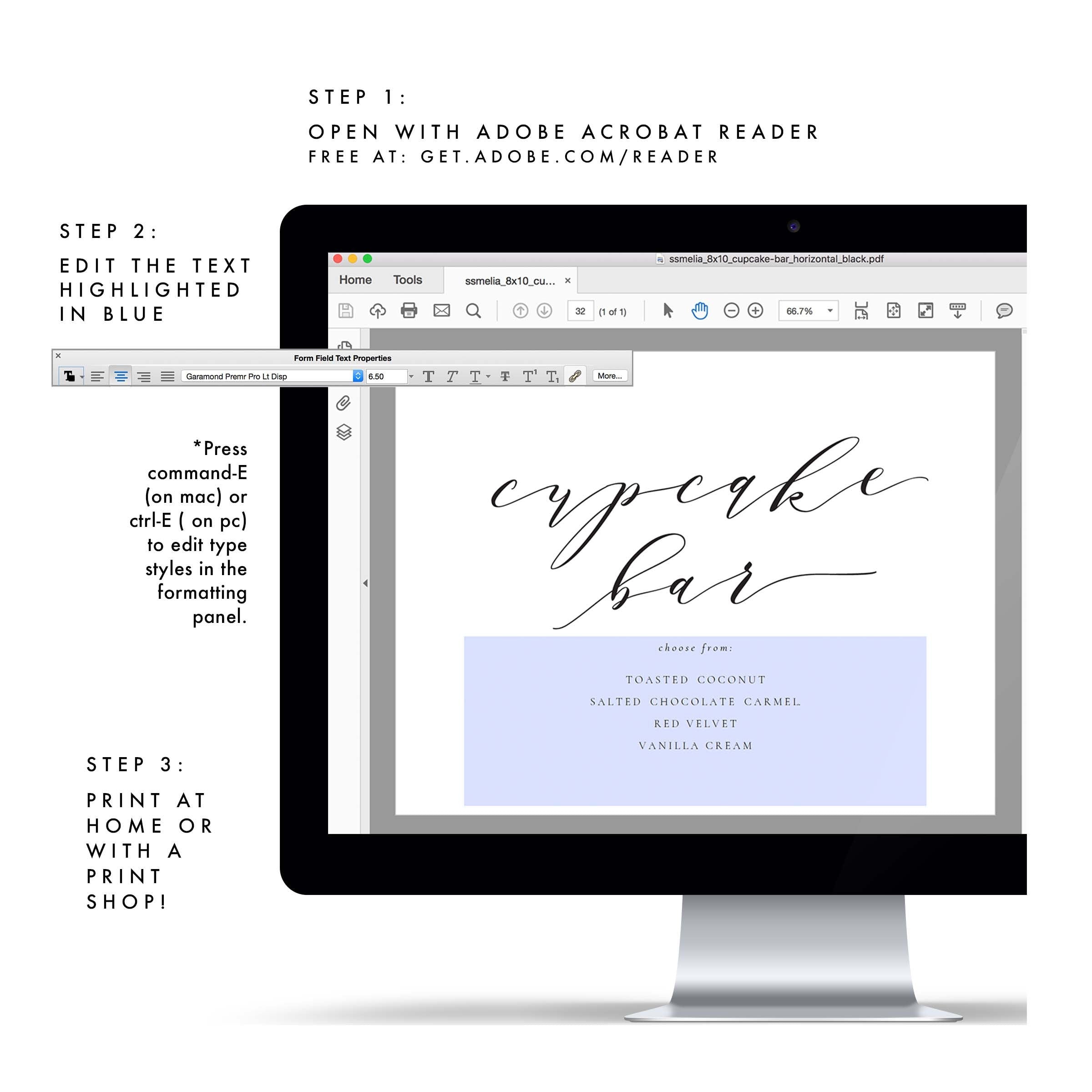 Calligraphy Cupcake Bar Sign: Wedding Dessert Menu (PDF Download)