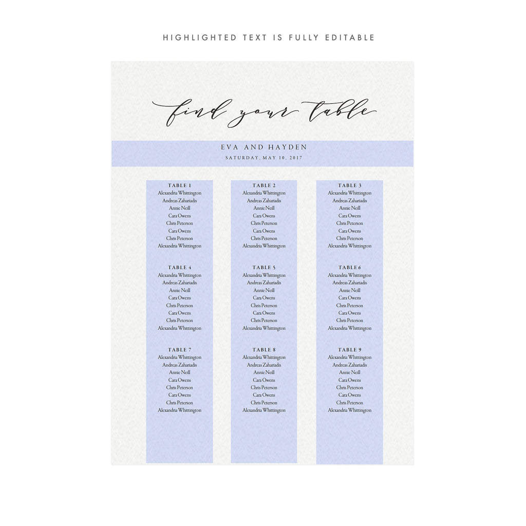 Calligraphy Wedding Seating Chart Template: Melia, 18x24 (Printable PDF)