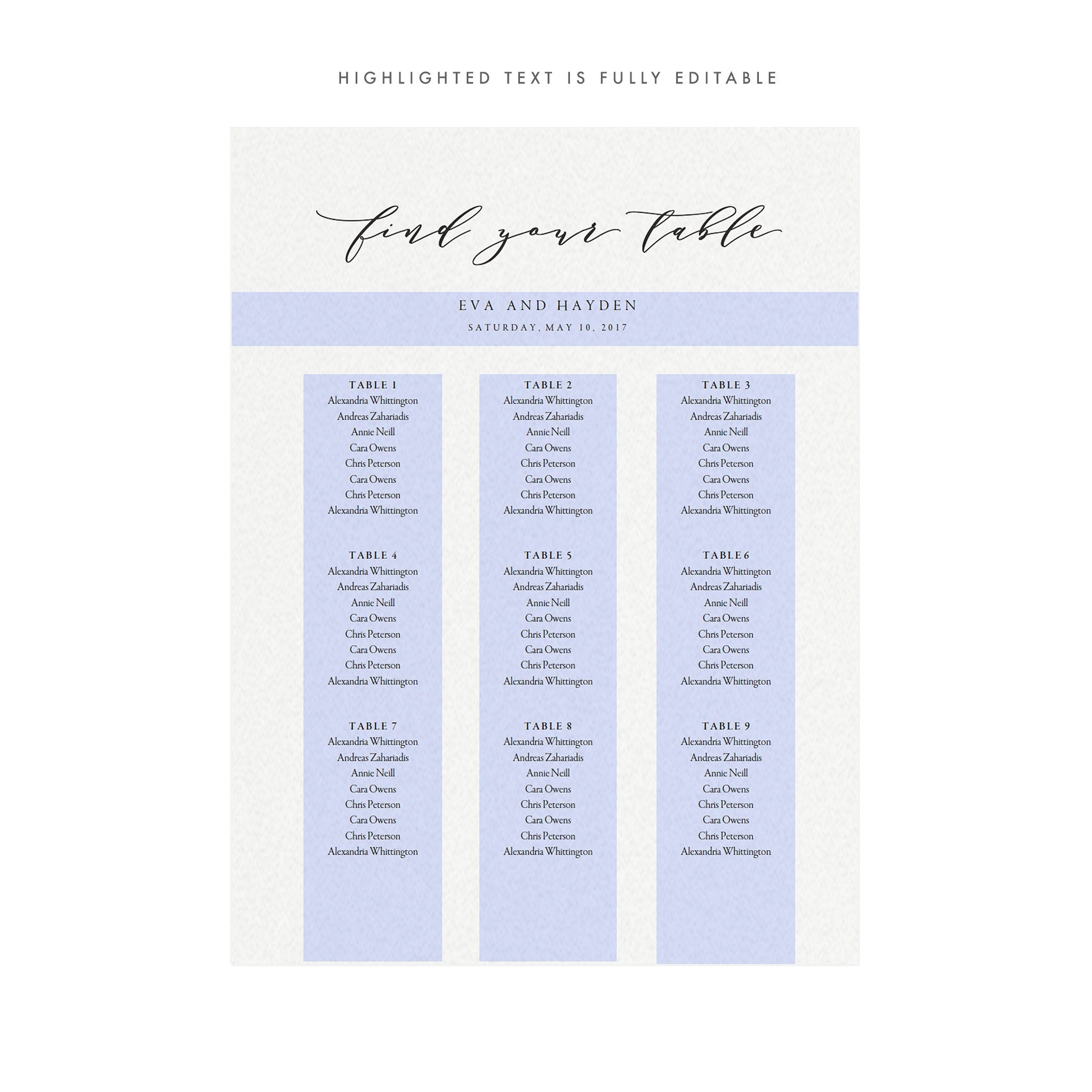 Calligraphy Wedding Seating Chart Template: Melia, 18x24 (Printable PDF)