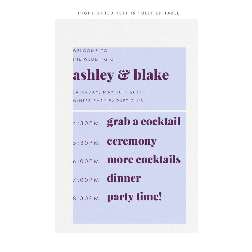 Fairfax Wedding Welcome Sign: Purple Order of Events (PDF Download)