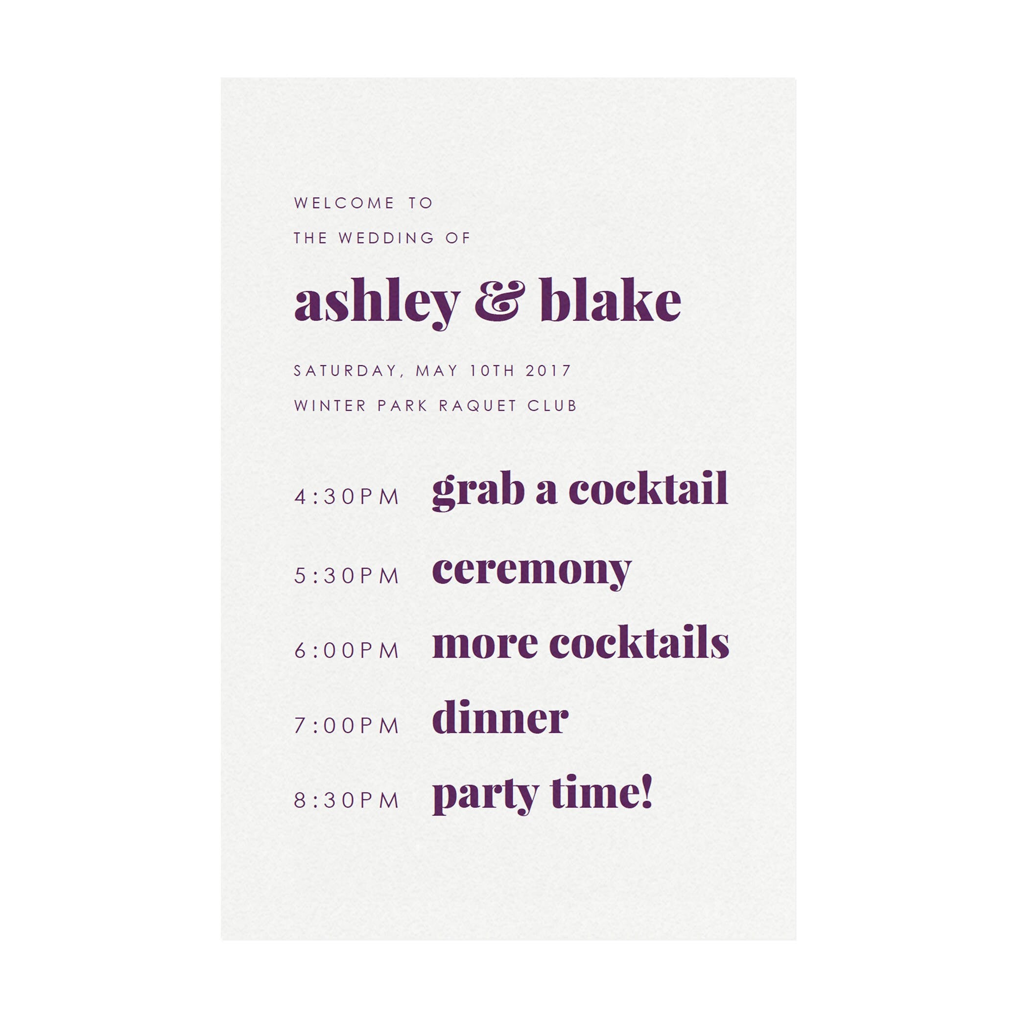 Fairfax Wedding Welcome Sign: Purple Order of Events (PDF Download)