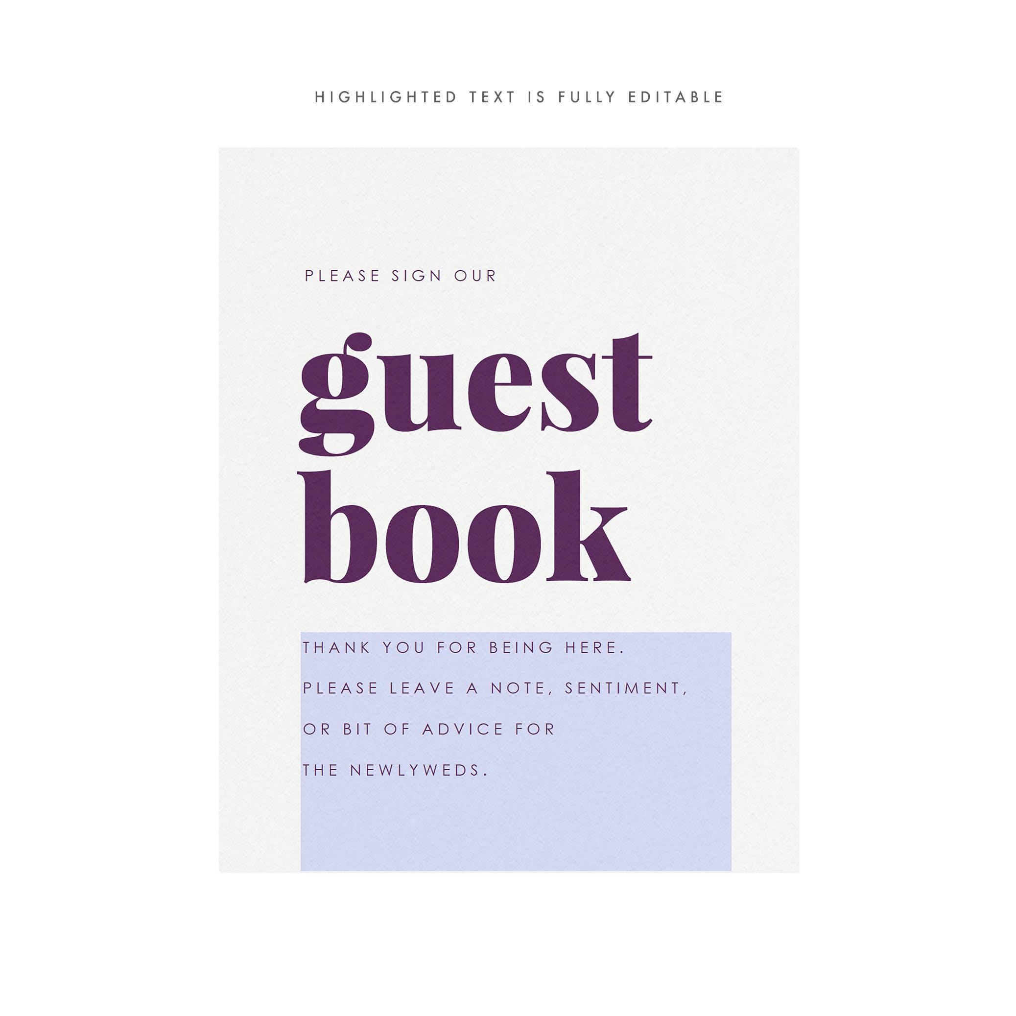 Fairfax Purple Guest Book Sign: Modern Minimalist Wedding (PDF Template)