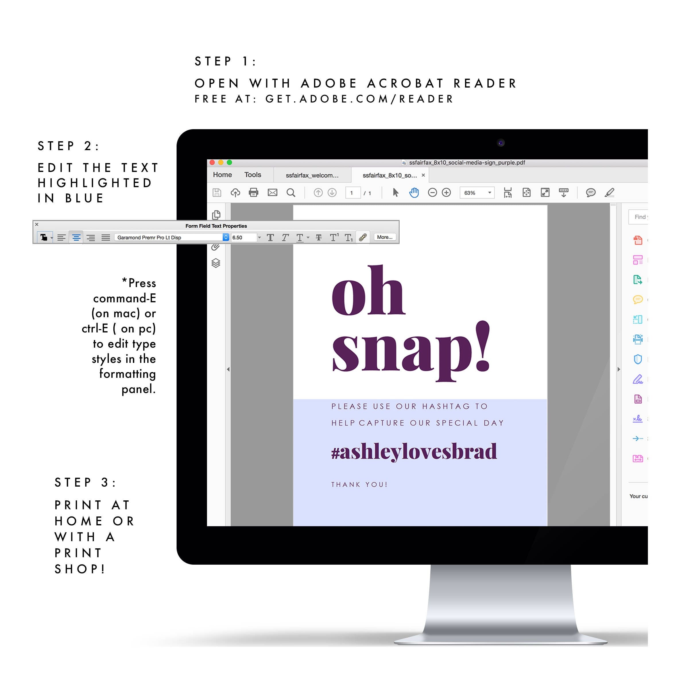 Modern Wedding Social Media Sign: Purple Oh Snap, Fairfax Template (PDF Download)