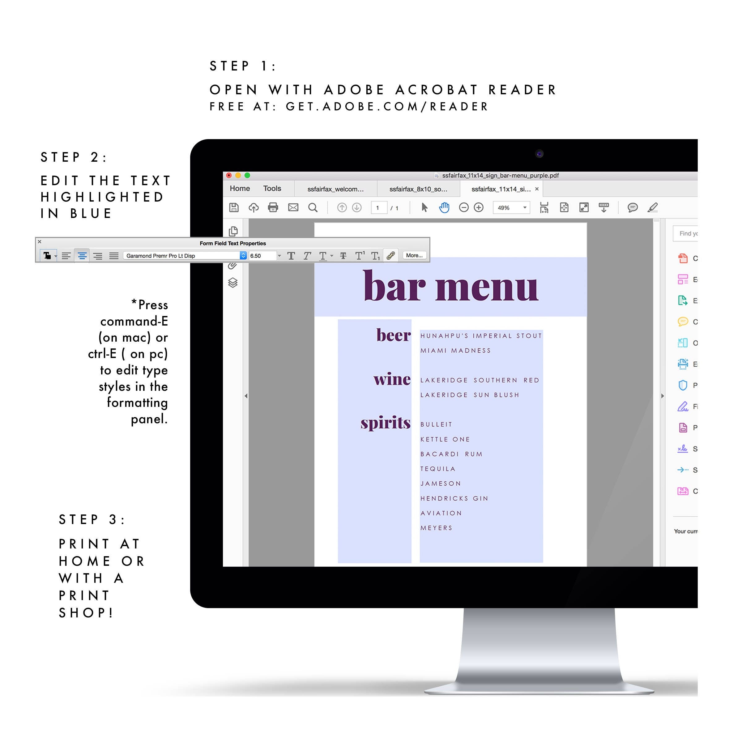 Fairfax Purple Bar Menu Sign: Modern Wedding Printable (PDF Download)