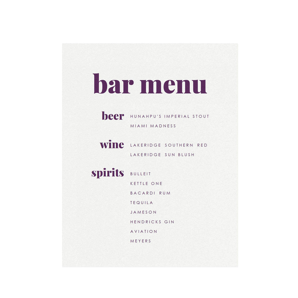 Fairfax Purple Bar Menu Sign: Modern Wedding Printable (PDF Download)