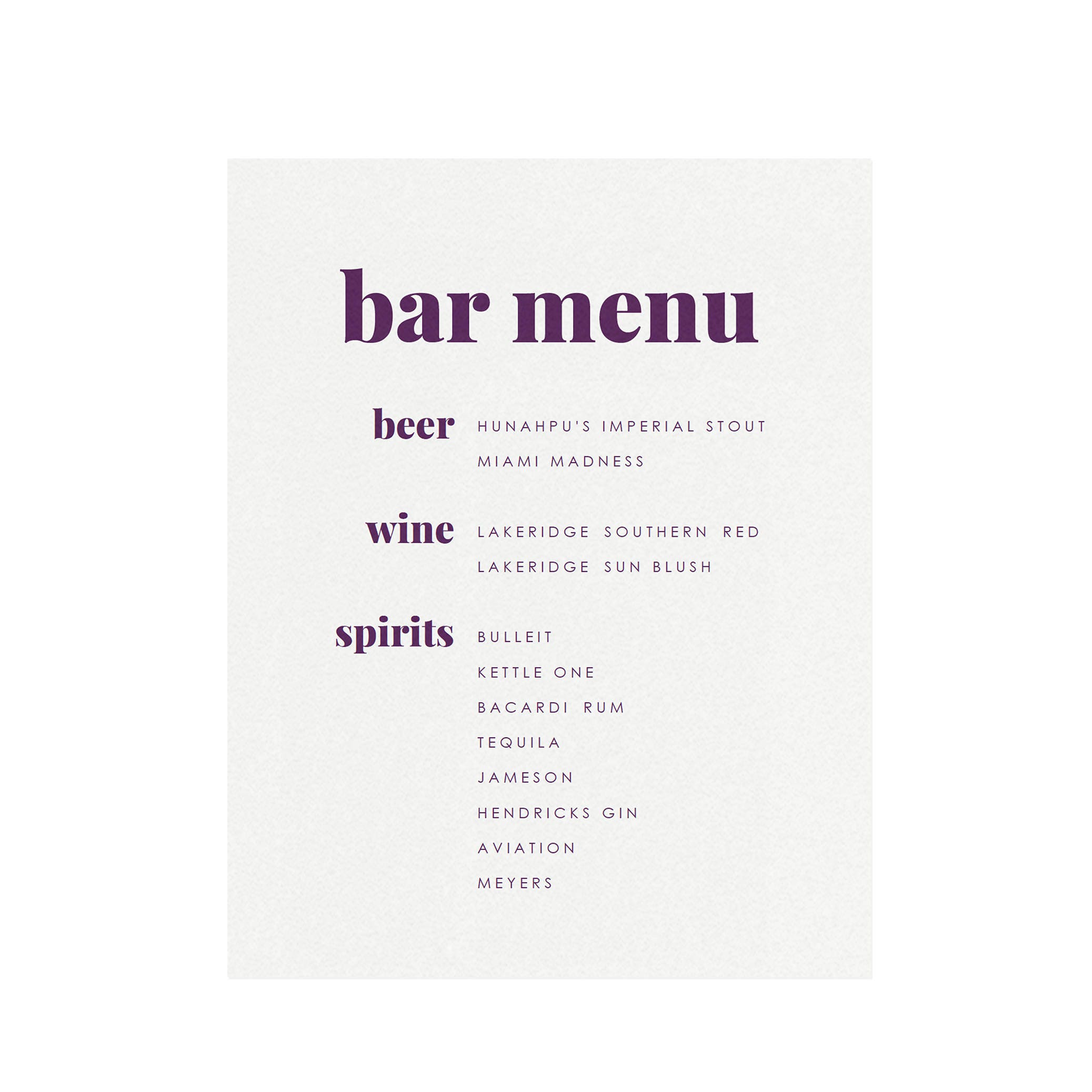 Fairfax Purple Bar Menu Sign: Modern Wedding Printable (PDF Download)