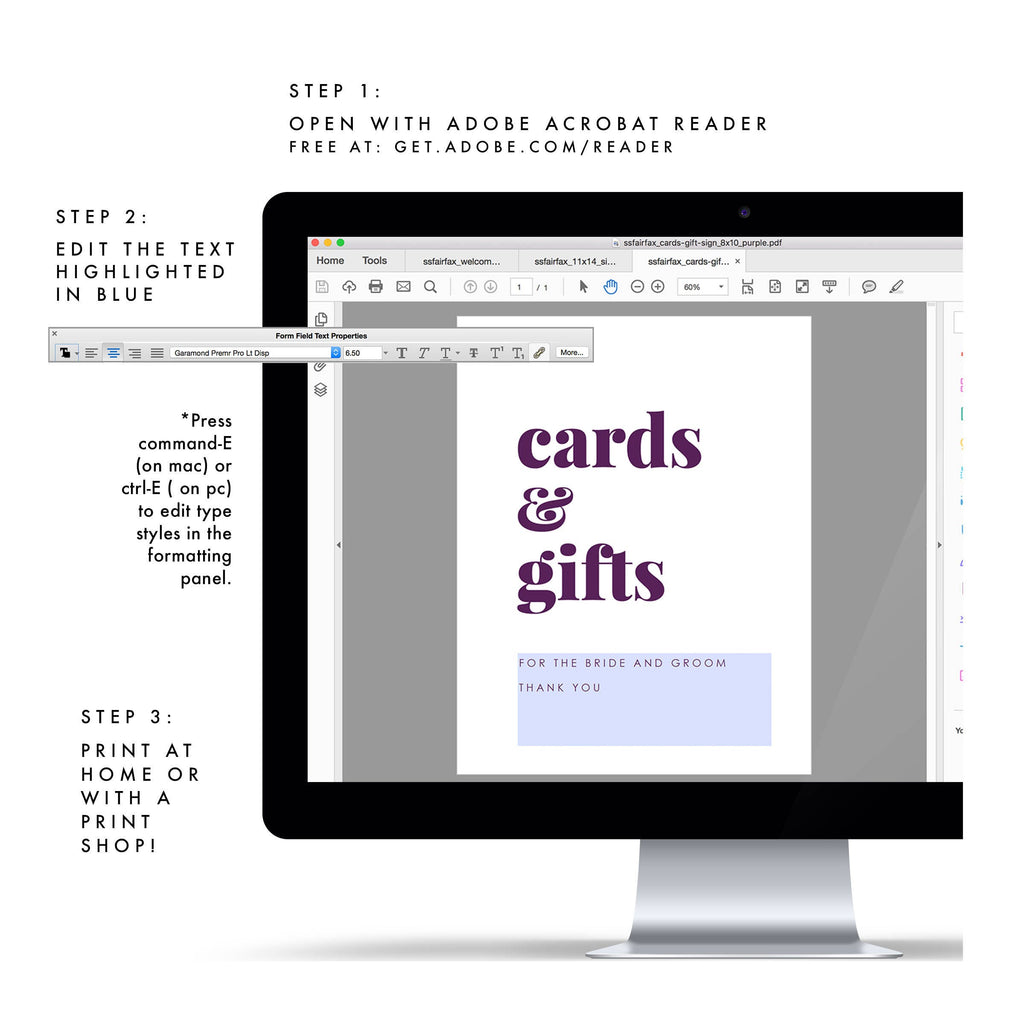 Purple Cards and Gifts Wedding Sign: Modern Minimalist Decor (PDF Download)