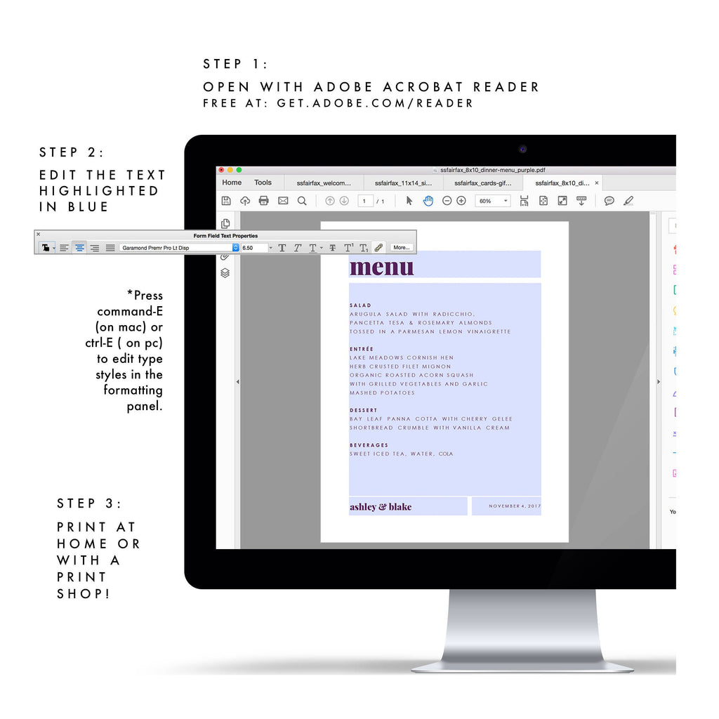 Purple Wedding Menu Template: Modern Printable, Fairfax (PDF Download)