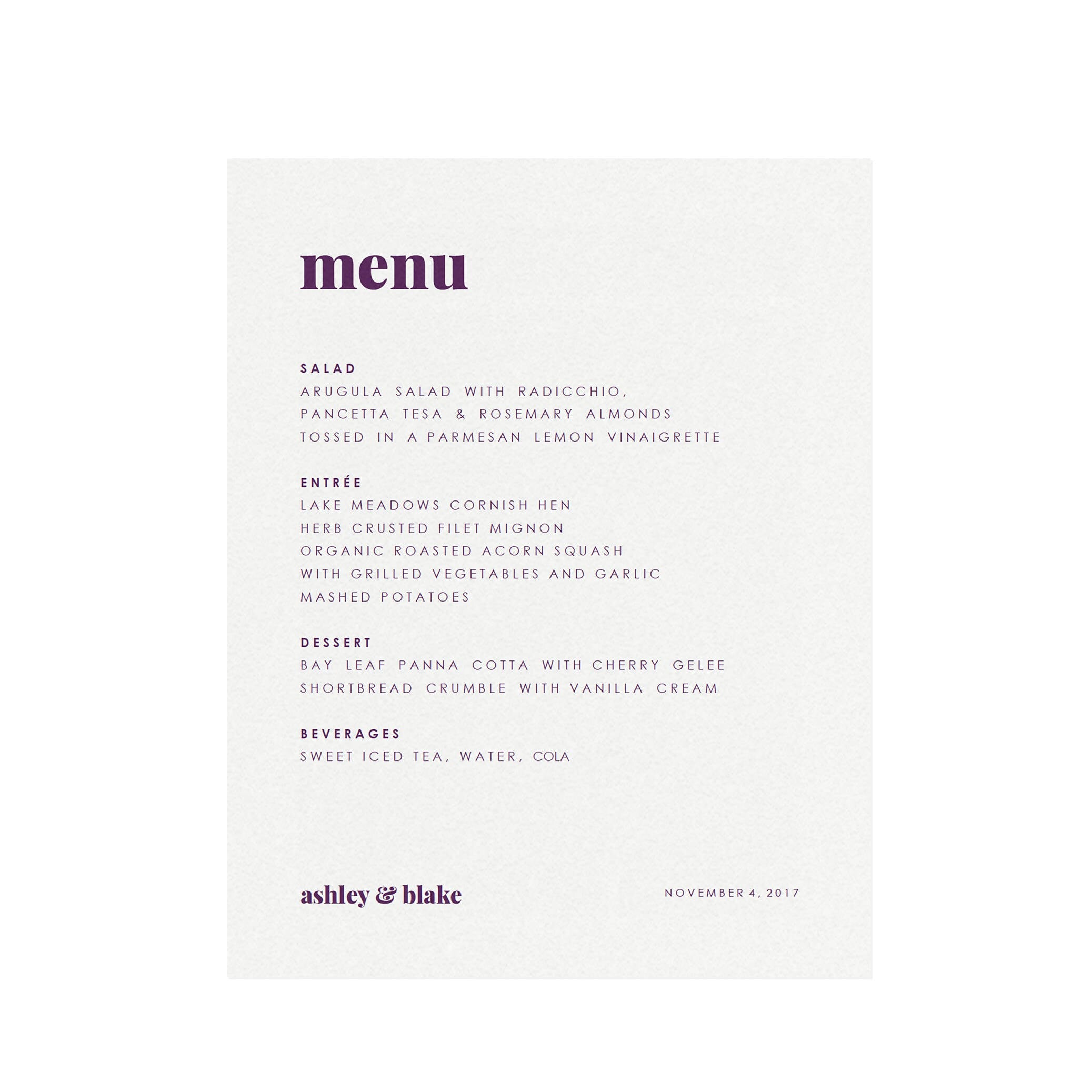 Purple Wedding Menu Template: Modern Printable, Fairfax (PDF Download)