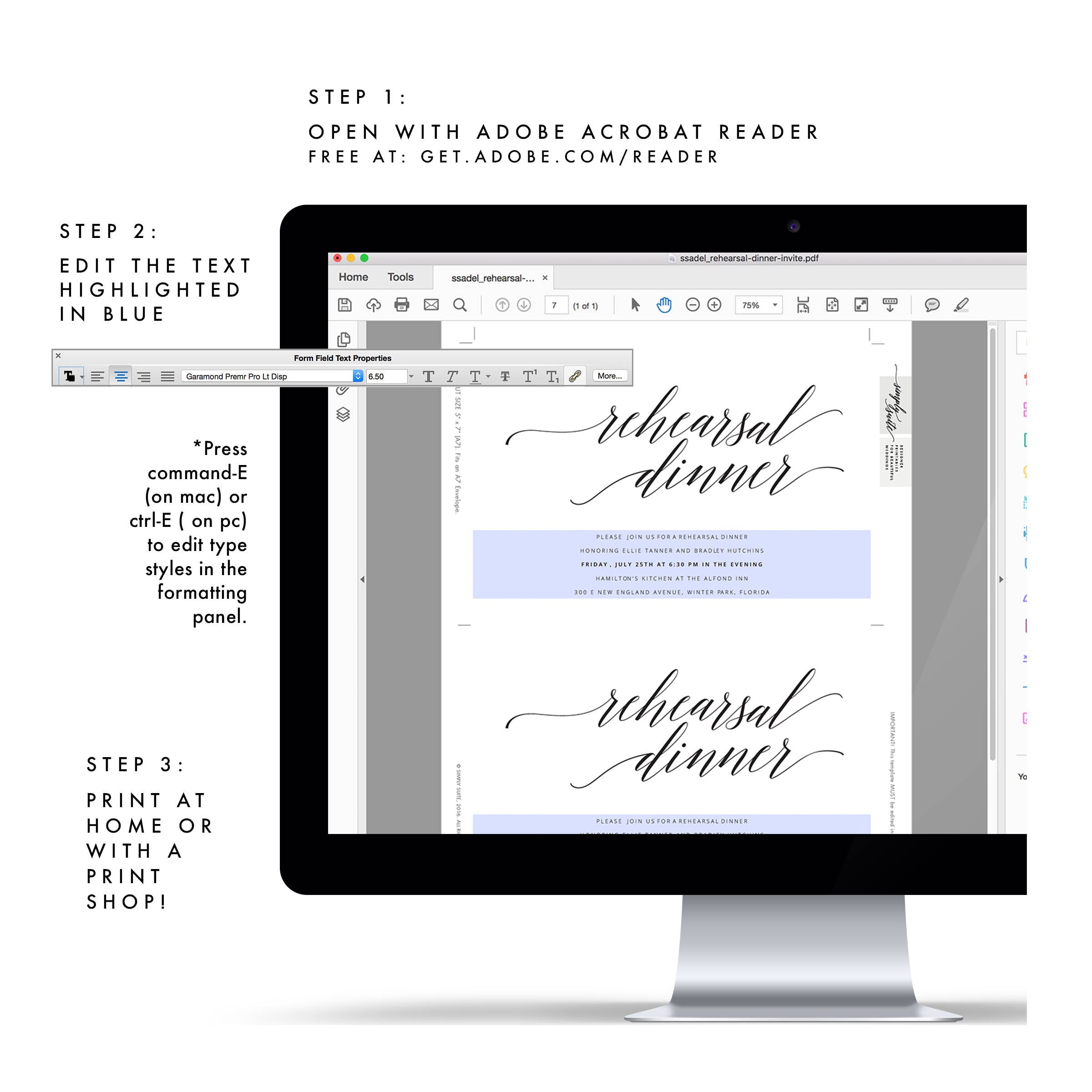 Elegant Calligraphy Rehearsal Dinner Invitation Template (PDF)