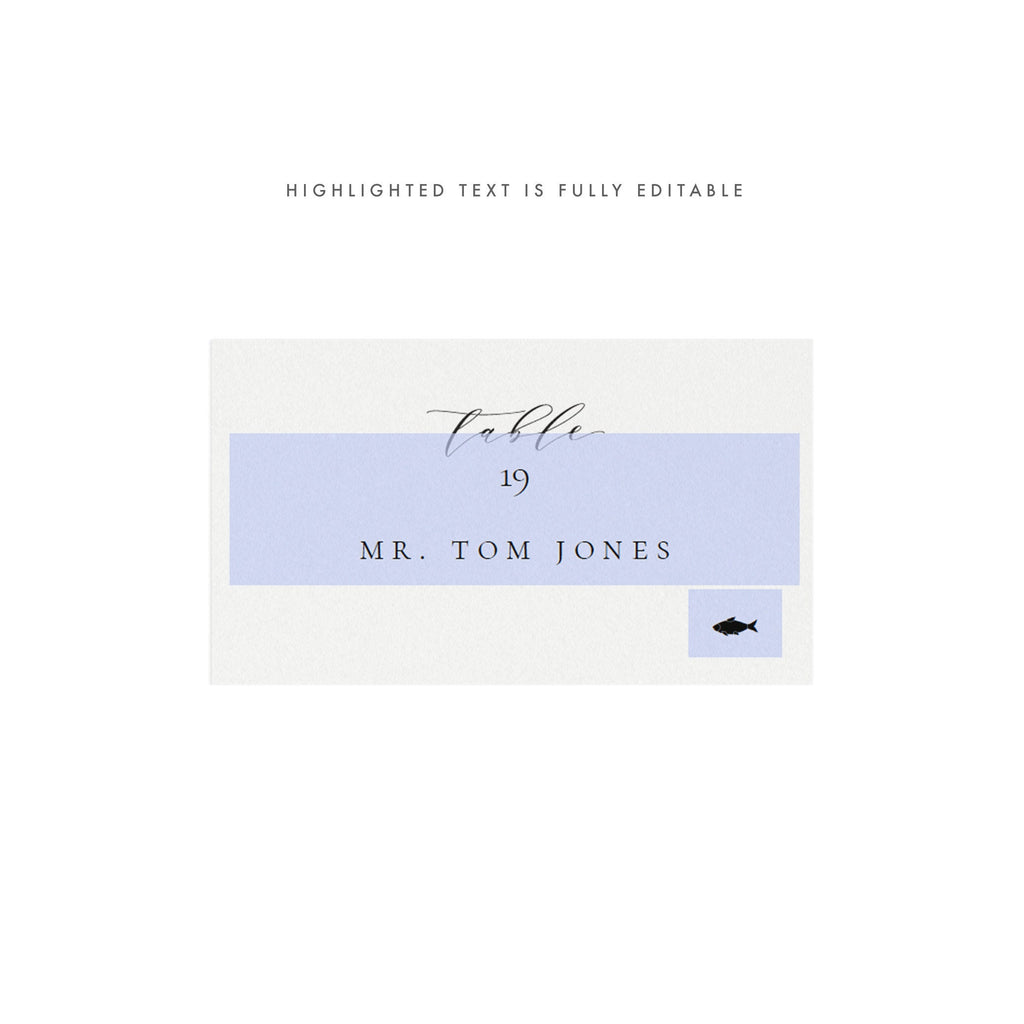 Melia: 3.5x2 Escort Card Template with Meal Icons, Calligraphy Place Card with Meal Entree Icon, Printable Editable PDF Instant Download