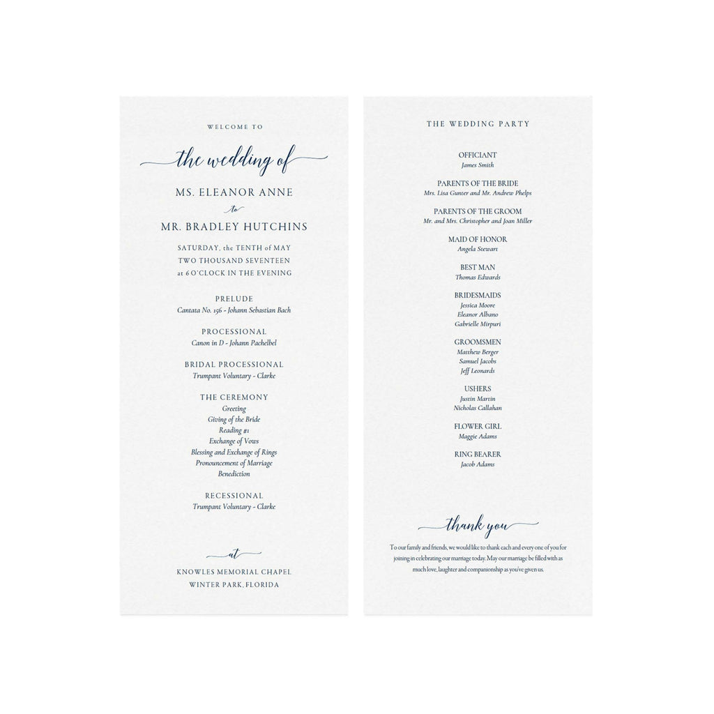 Navy Calligraphy Wedding Program Template: Elegant Classic Design (PDF Download)