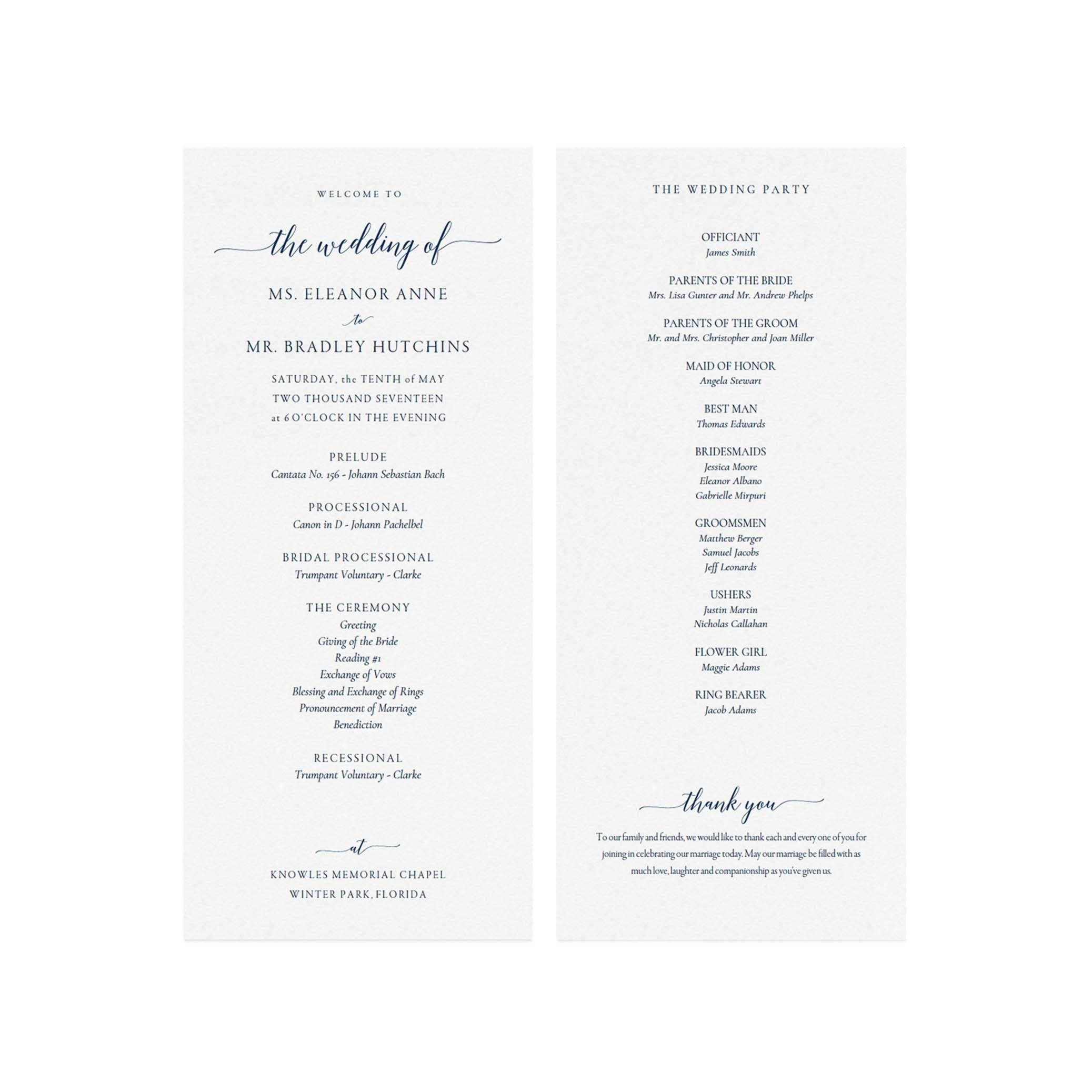 Navy Calligraphy Wedding Program Template: Elegant Classic Design (PDF Download)