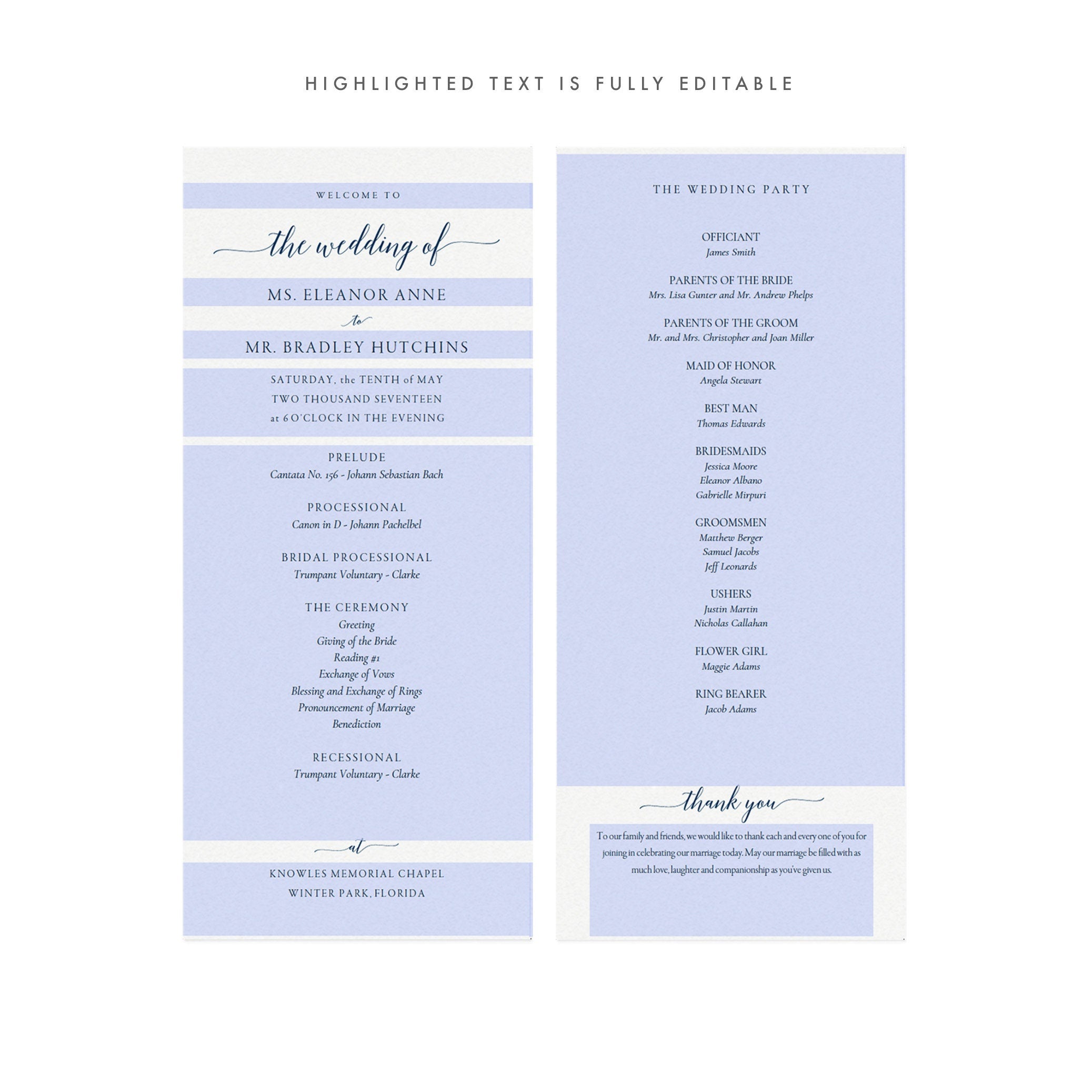 Navy Calligraphy Wedding Program Template: Elegant Classic Design (PDF Download)