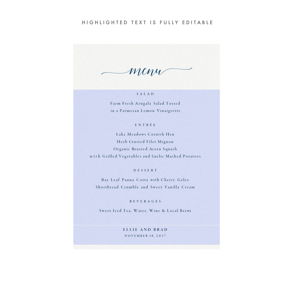 Navy Blue Calligraphy Wedding Menu Template: Minimalist PDF (5x7)