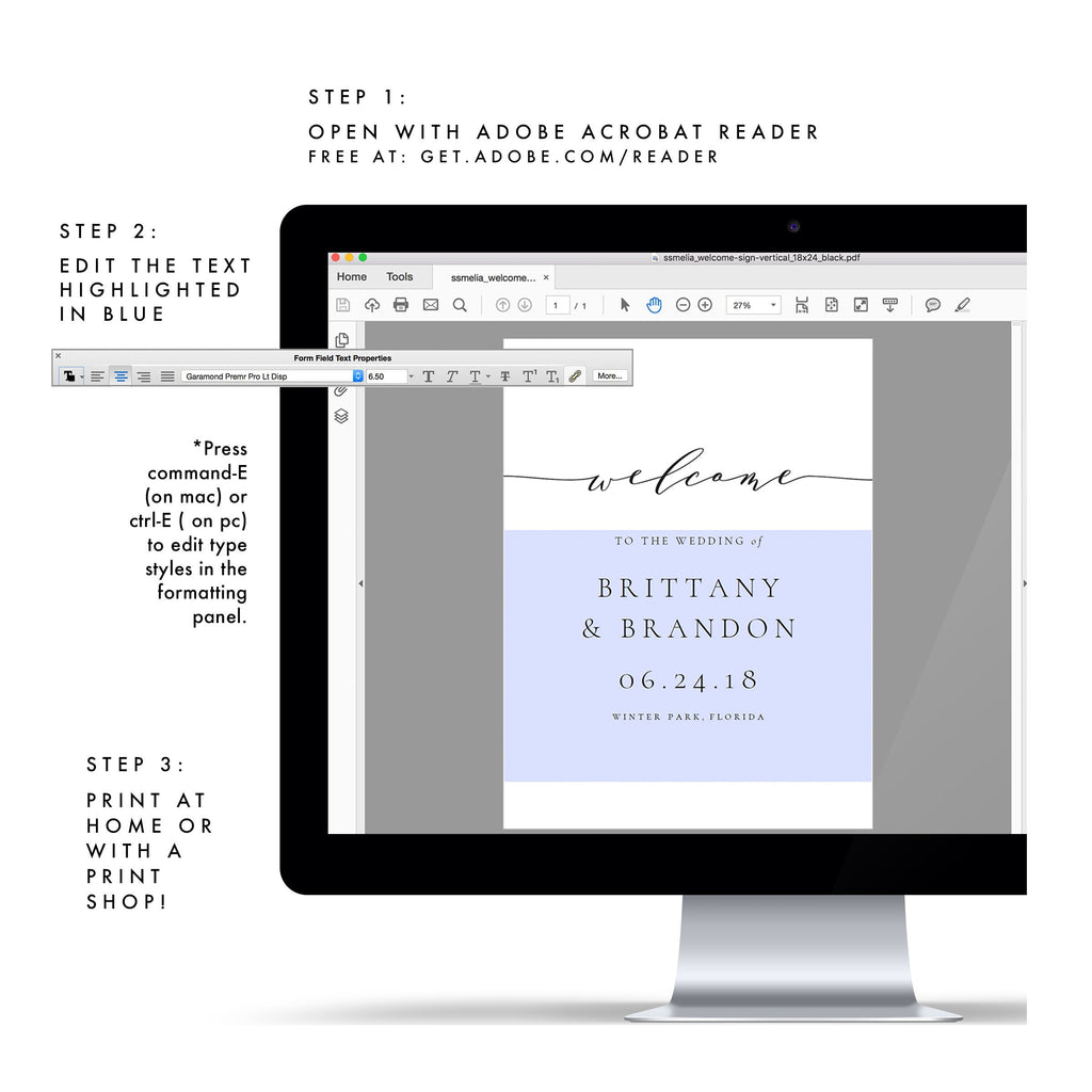 Calligraphy Wedding Welcome Sign Template: Melia Printable (PDF)